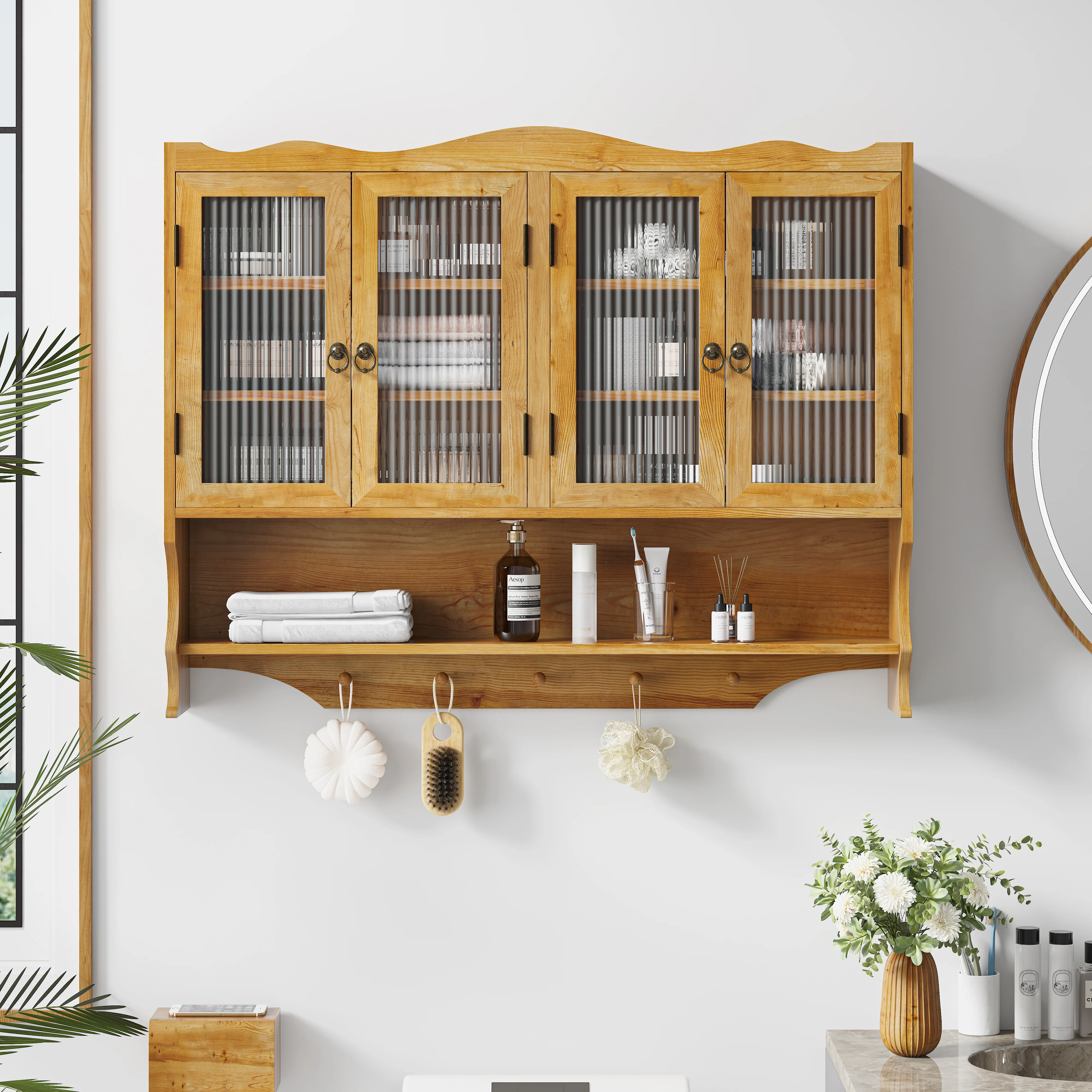Wall-mounted Cabinet 100CM Retro 4 Door Storage Hook Rack, Natural