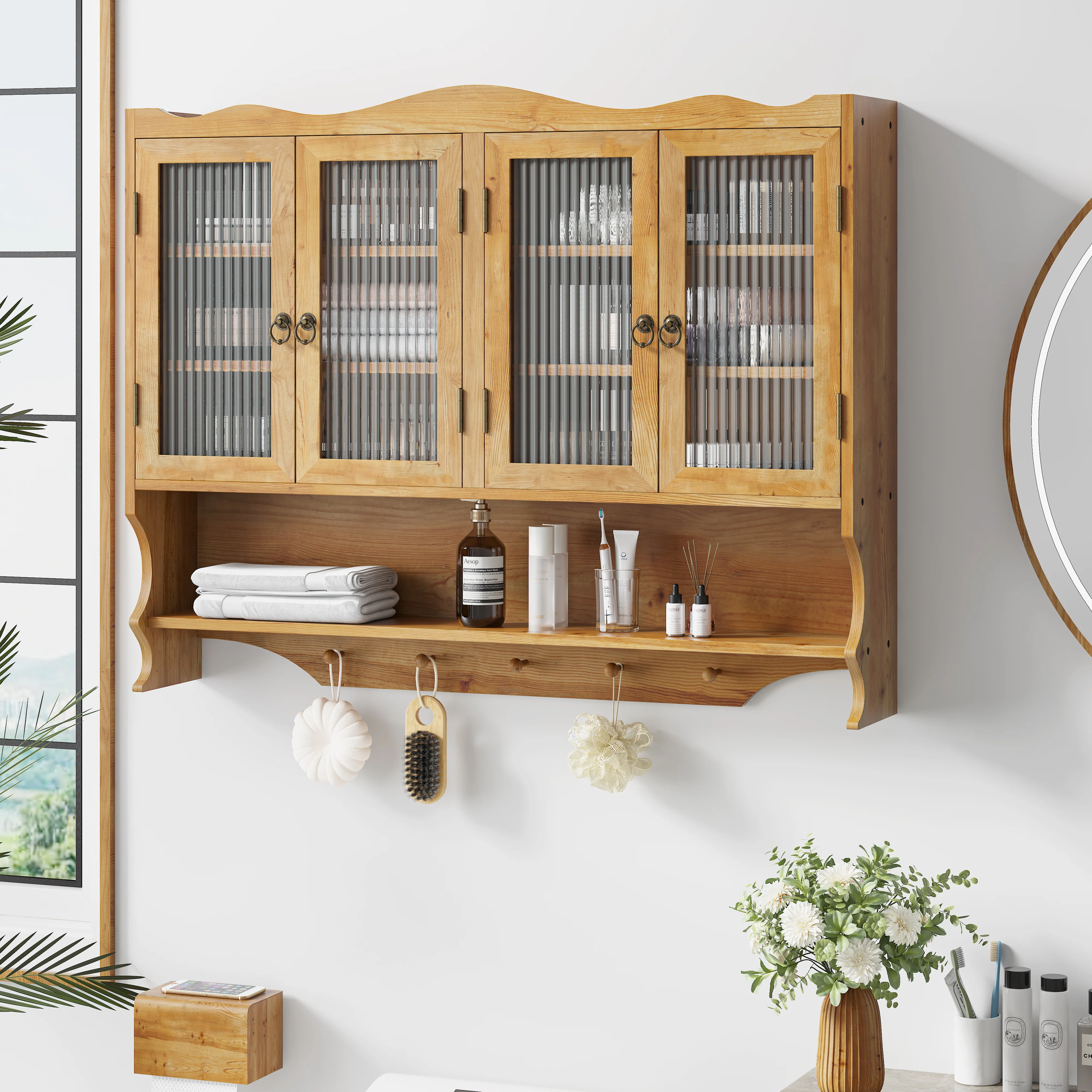 Wall-mounted Cabinet 100CM Retro 4 Door Storage Hook Rack, Natural - Image 2