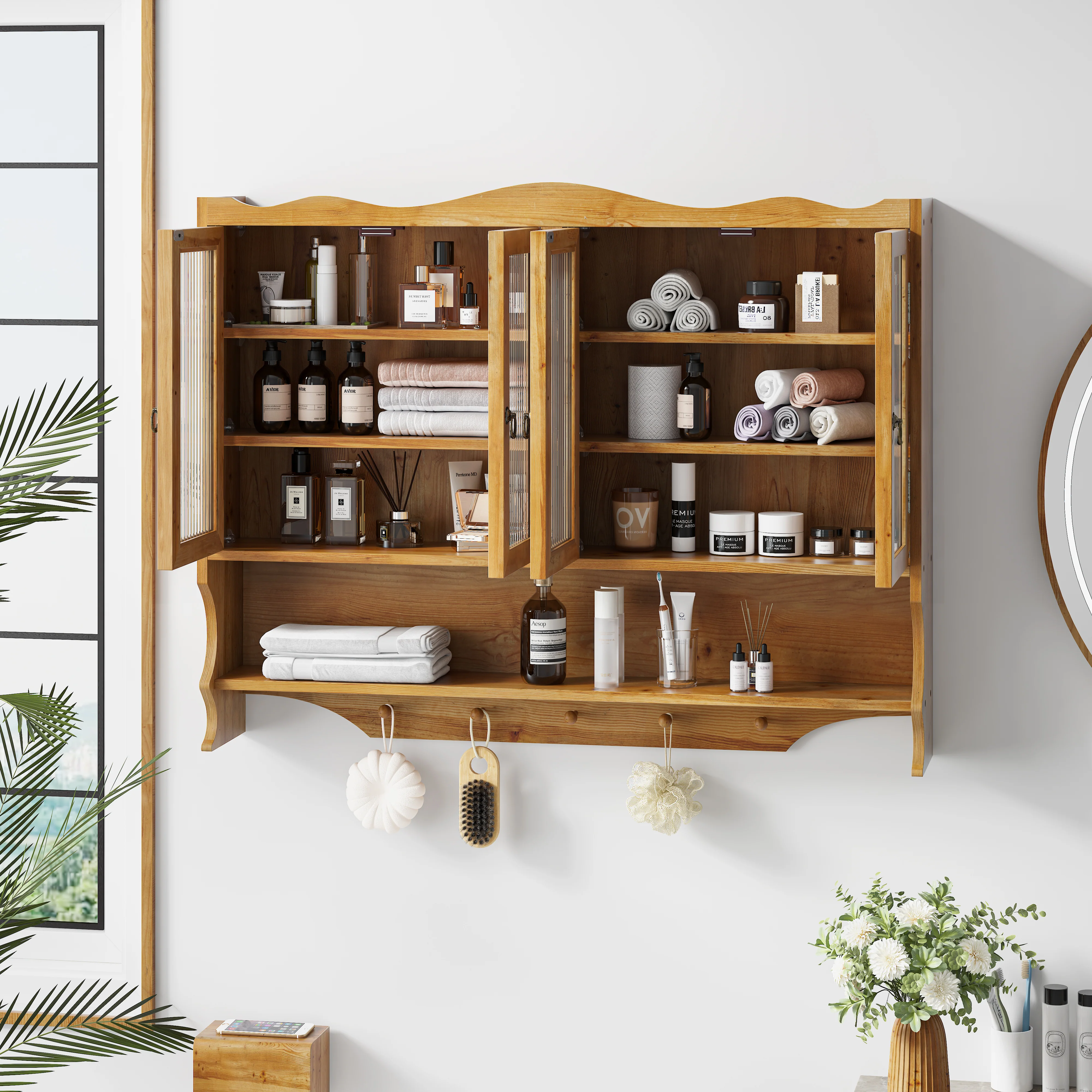 Wall-mounted Cabinet 100CM Retro 4 Door Storage Hook Rack, Natural - Image 3