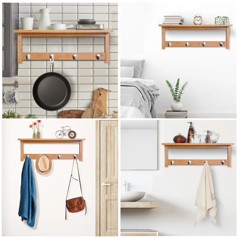 Wall-Mounted Coat Rack with Hooks 50cm - Natural Wood - Image 6