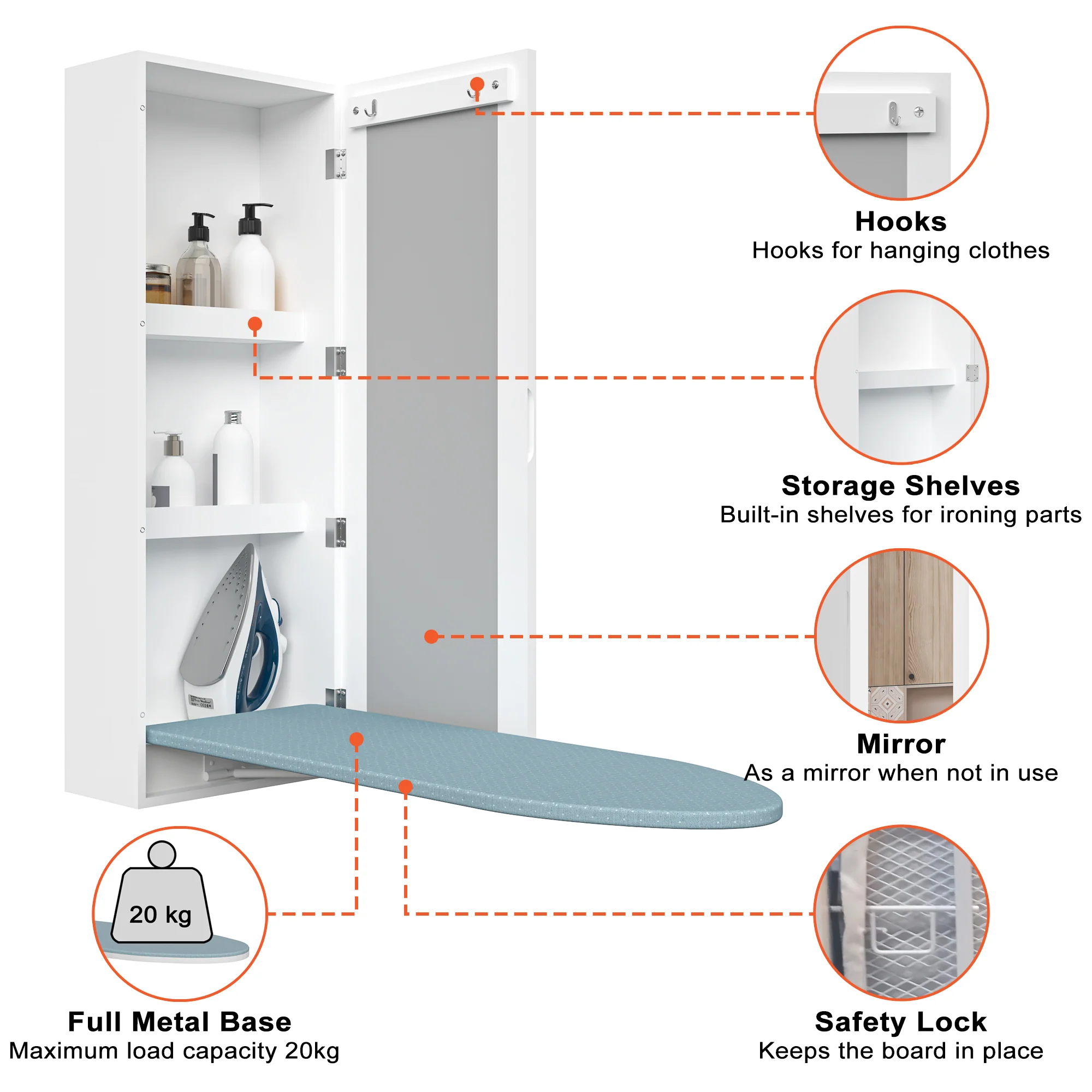 Wall Mounted Ironing Board Cabinet Folding Board Mirror Storage - Image 4