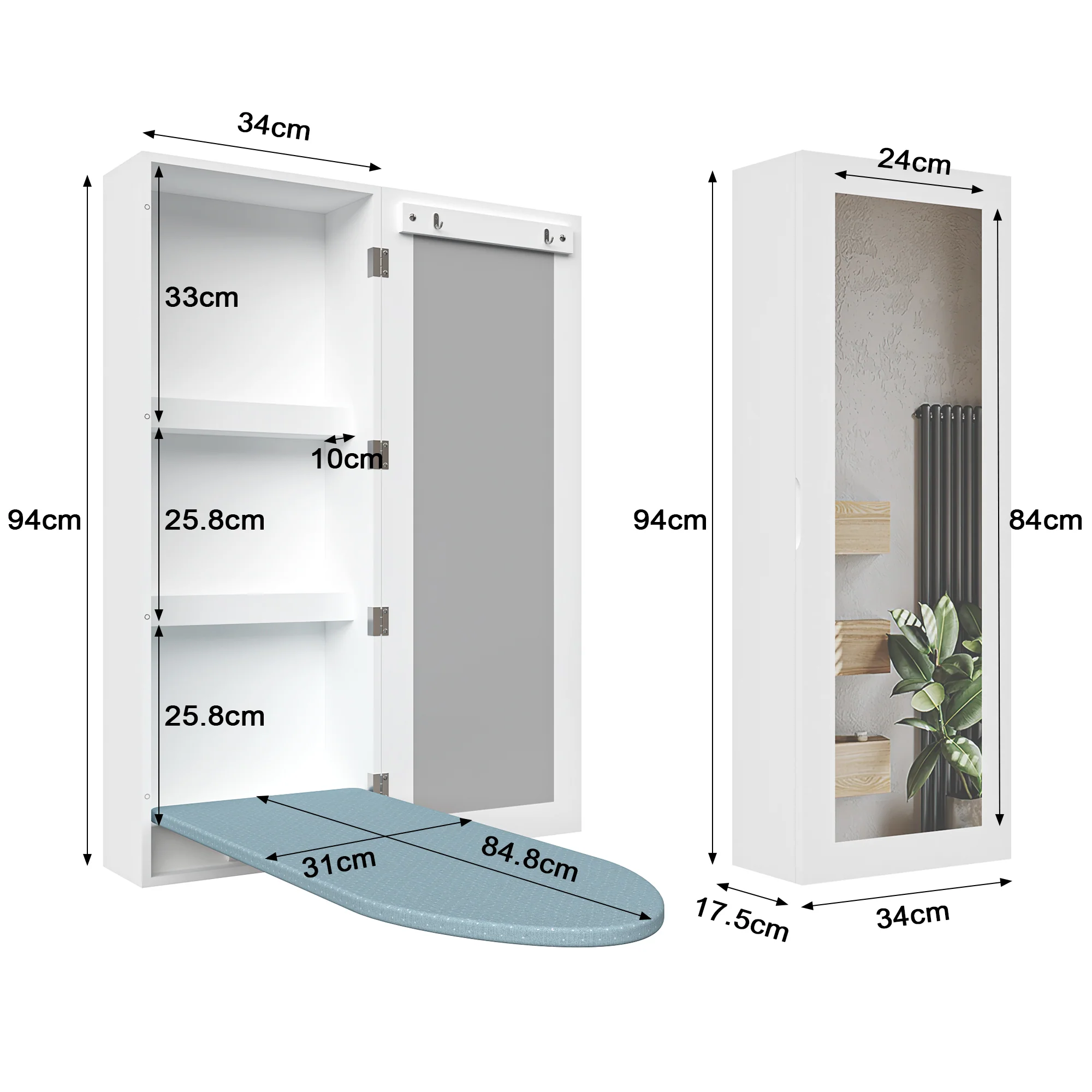 Wall Mounted Ironing Board Cabinet Folding Board Mirror Storage - Image 6