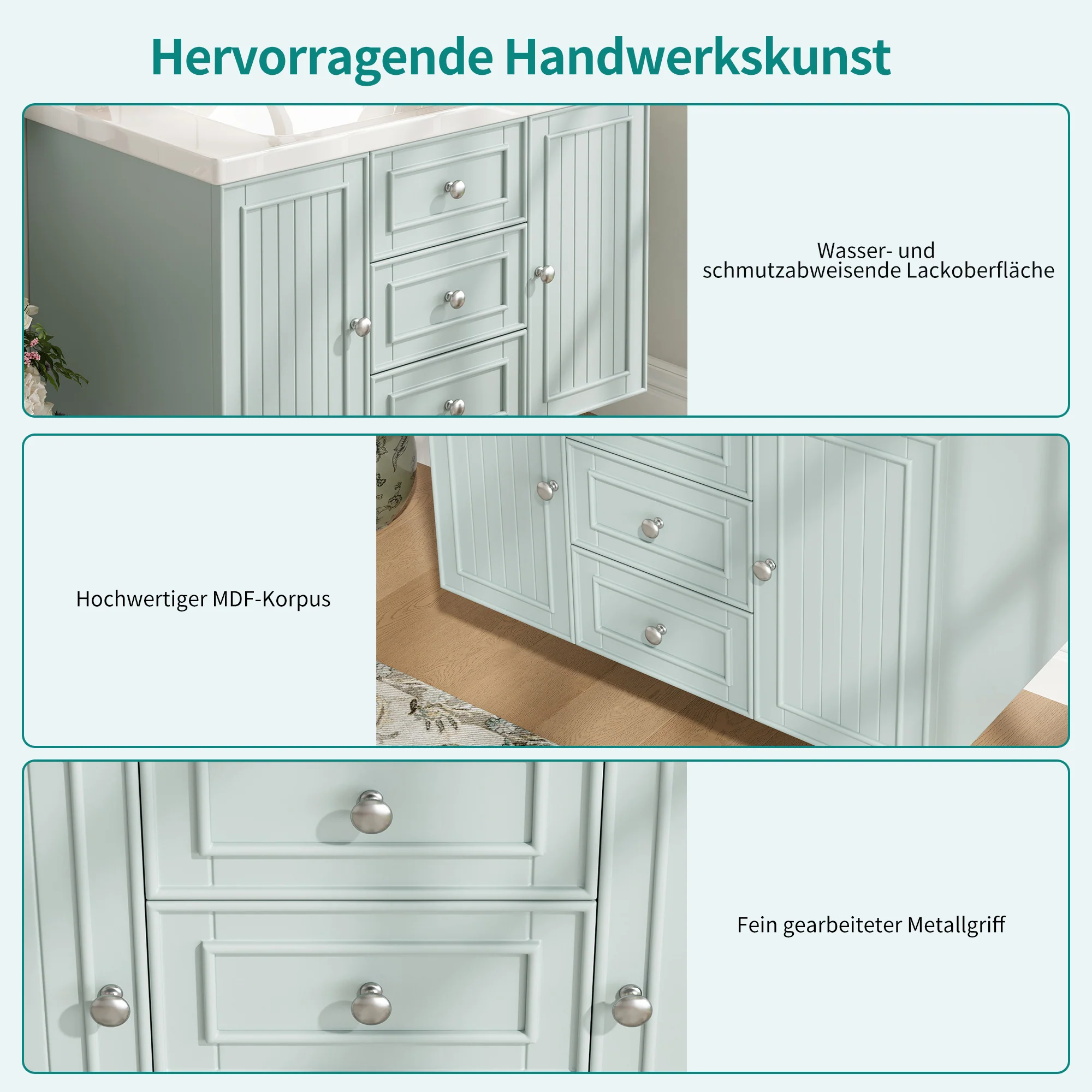 Wall-Mounted Vanity Unit 3 Drawers Modern Style 78.5x46.8cm - Green - Image 10