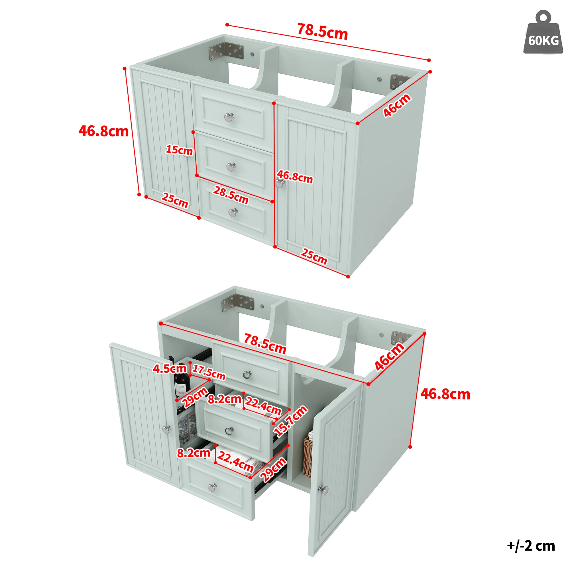 Wall-Mounted Vanity Unit 3 Drawers Modern Style 78.5x46.8cm - Green - Image 5