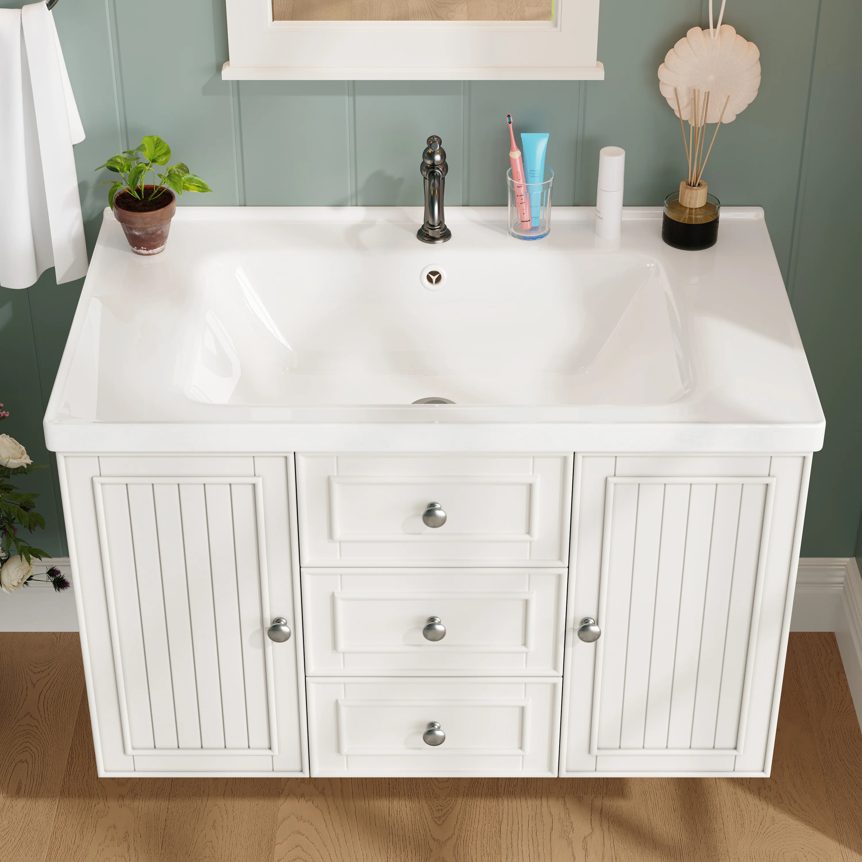 Wall-Mounted Vanity Unit 78.5cm With Sink 3 Drawers - White - Image 3