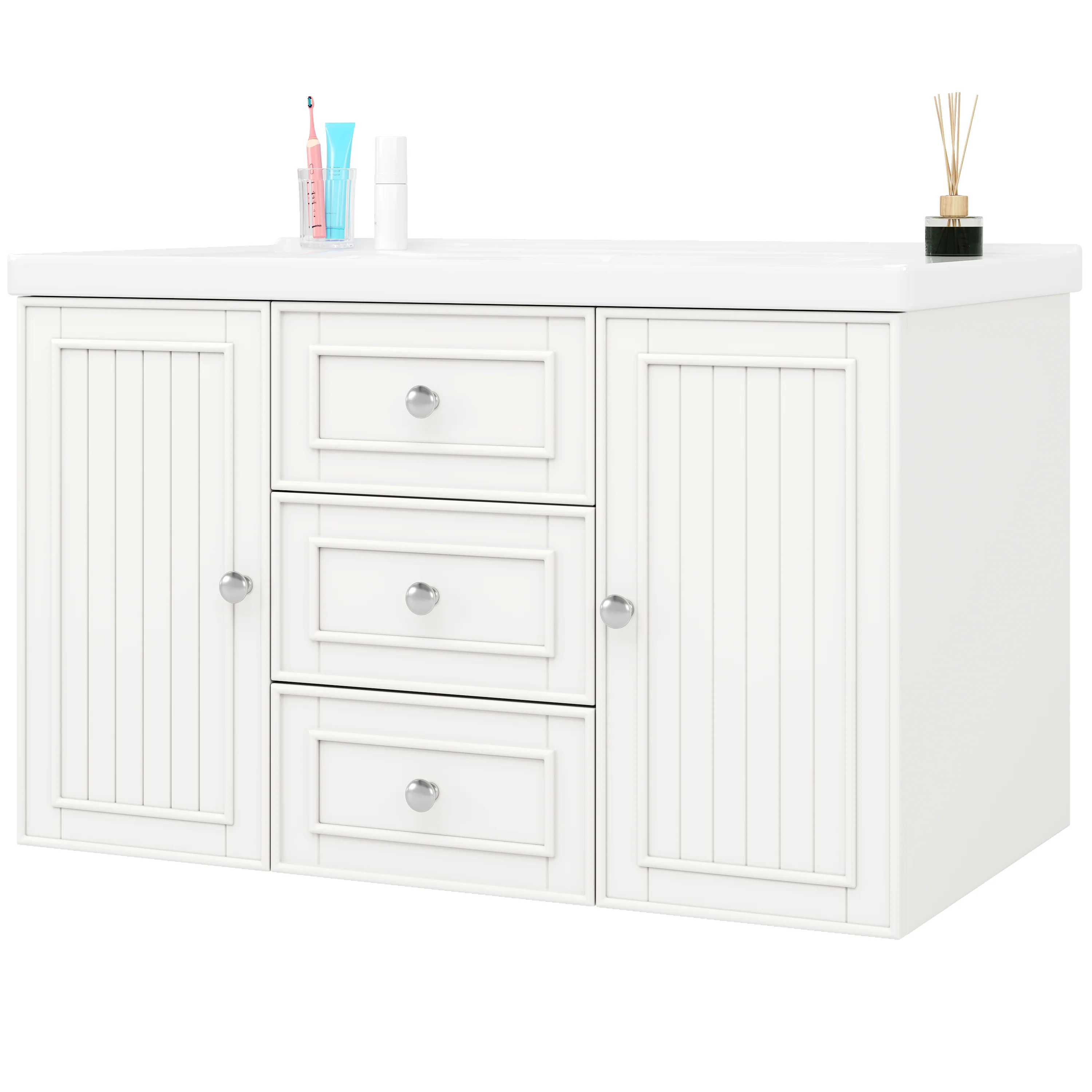 Wall-Mounted Vanity Unit 78.5cm With Sink 3 Drawers - White - Image 5