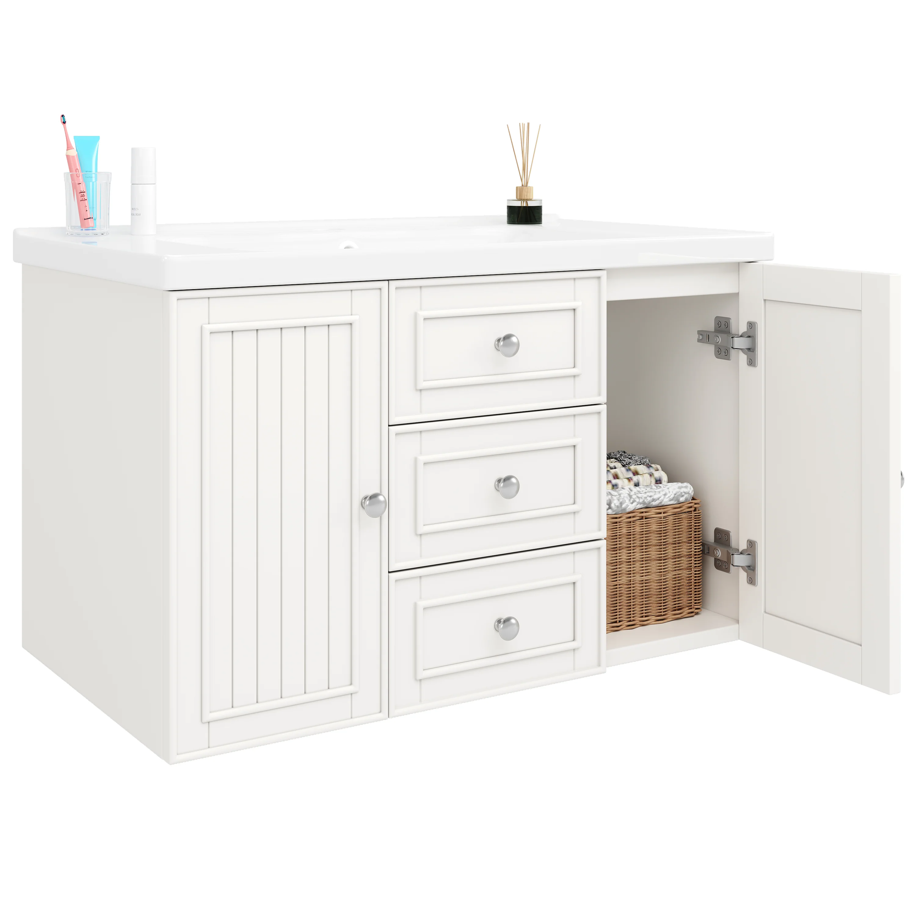 Wall-Mounted Vanity Unit 78.5cm With Sink 3 Drawers - White - Image 7