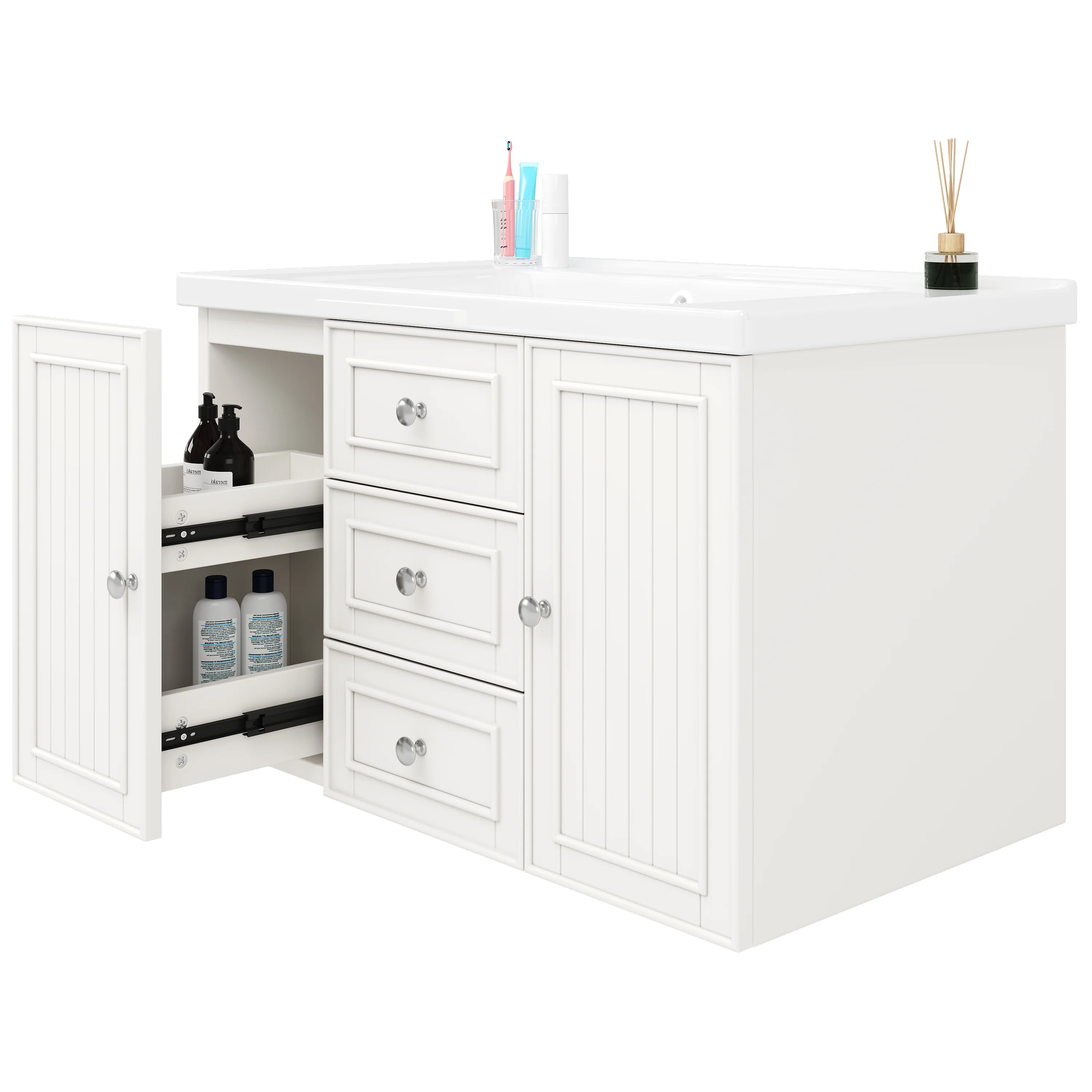 Wall-Mounted Vanity Unit 78.5cm With Sink 3 Drawers - White - Image 9