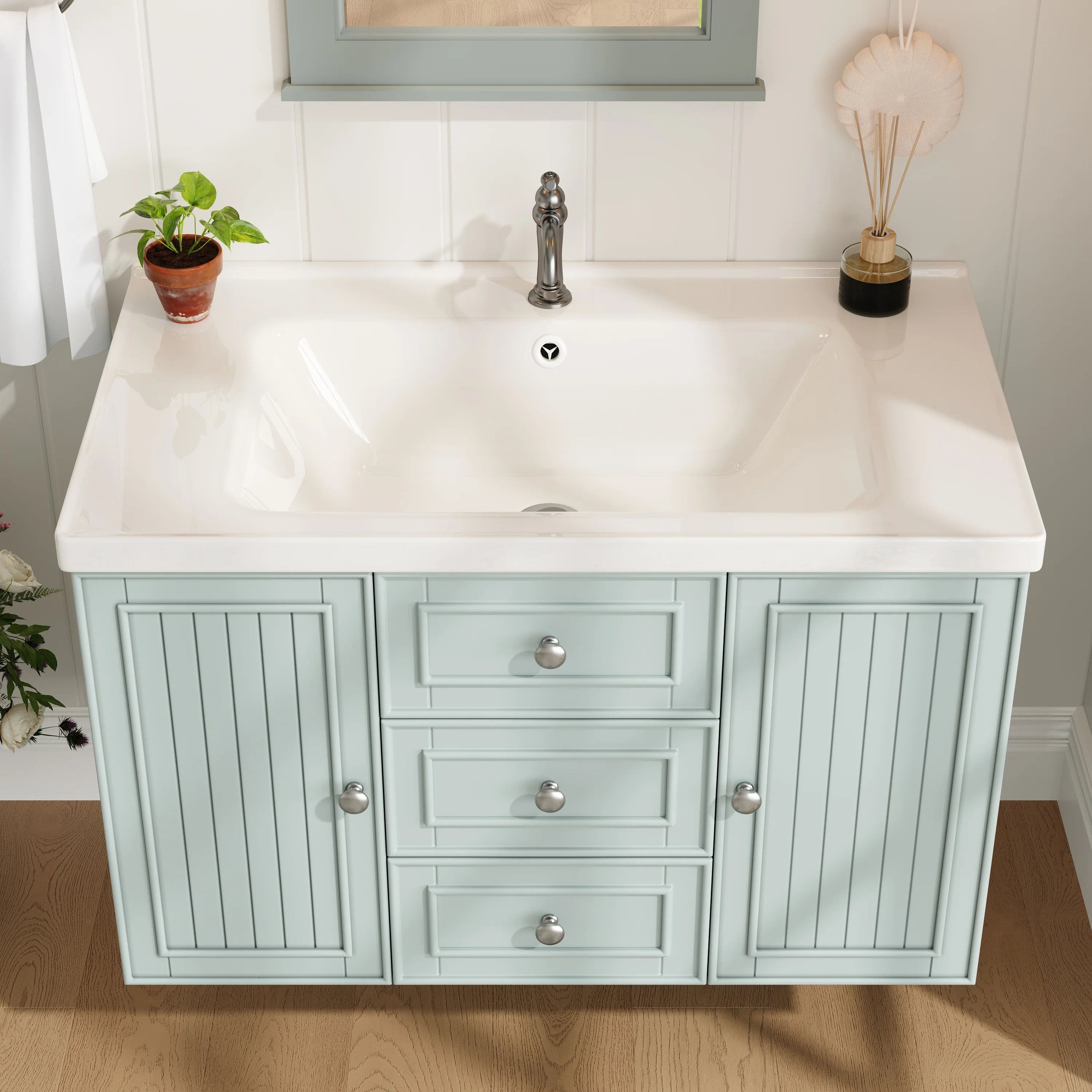 Wall-Mounted Vanity Unit with Sink & 3 Drawers 78.5x46.8cm - Green - Image 3