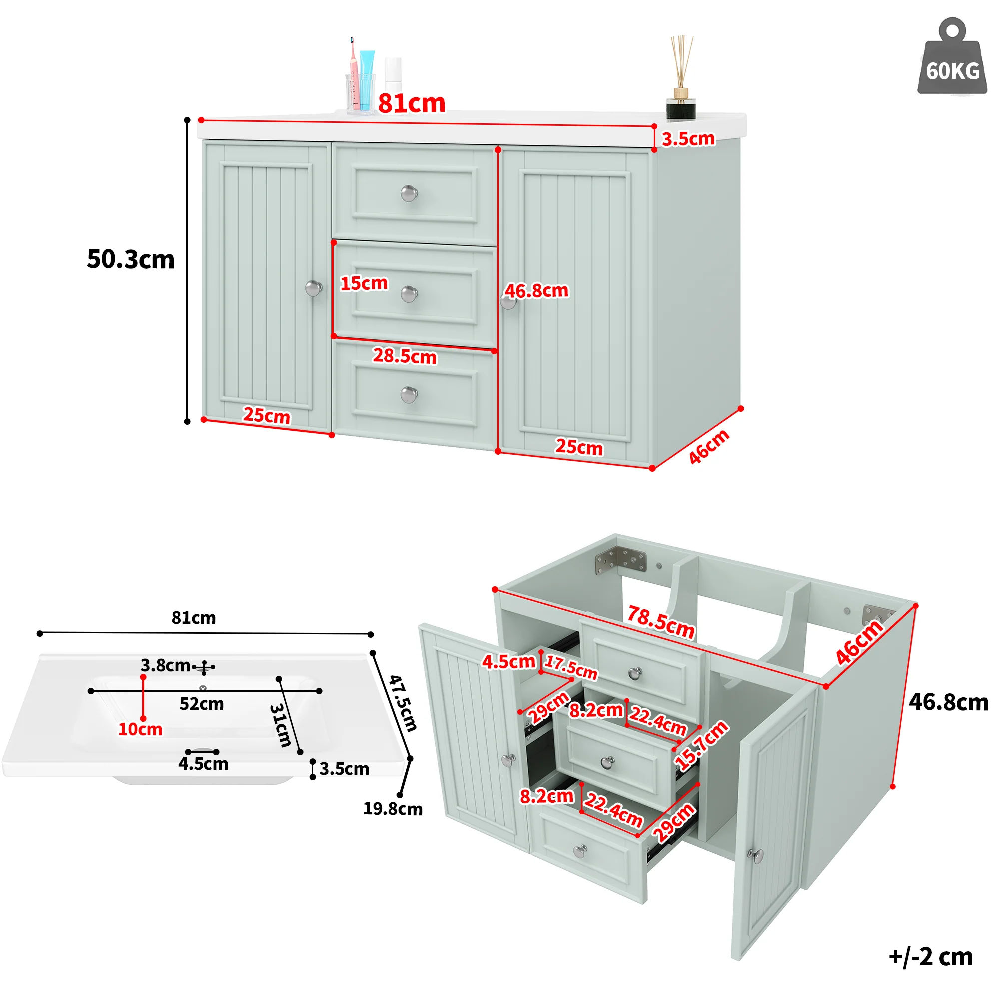 Wall-Mounted Vanity Unit with Sink & 3 Drawers 78.5x46.8cm - Green - Image 4