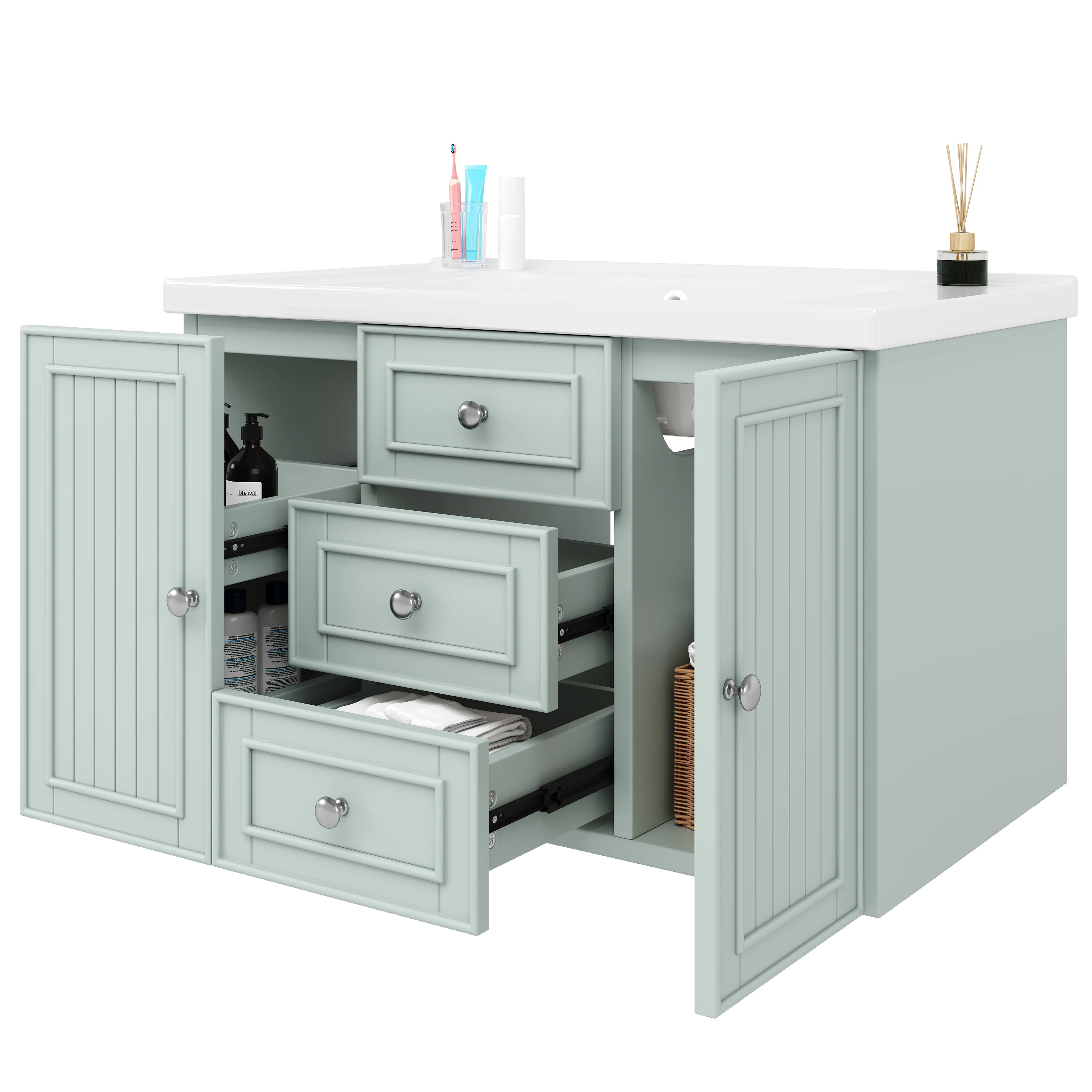 Wall-Mounted Vanity Unit with Sink & 3 Drawers 78.5x46.8cm - Green - Image 5