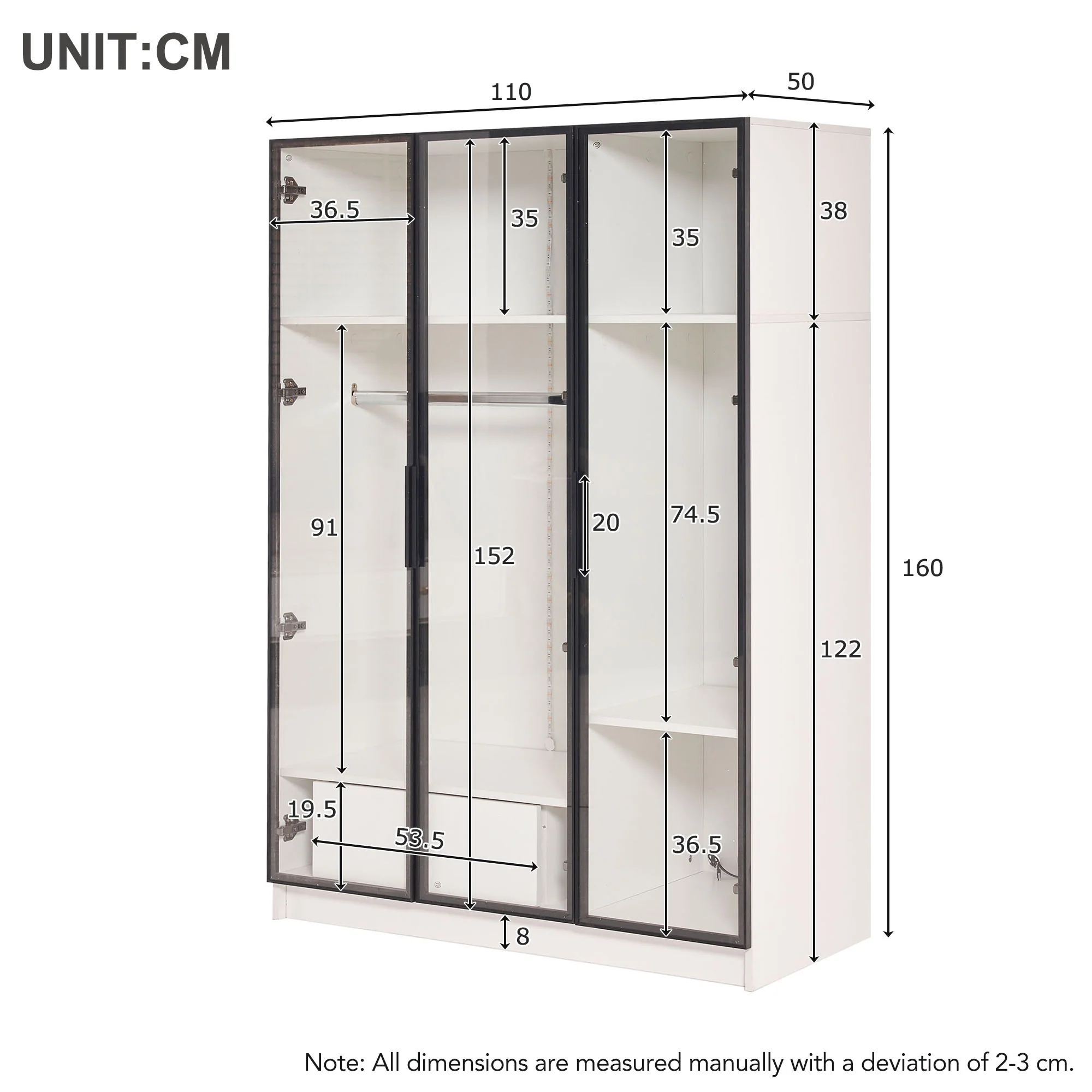 Wardrobe, 3 Glass Doors, 1 Drawer, 1 Clothes Rail, 110x50x160 cm, White with LED Light - Image 8
