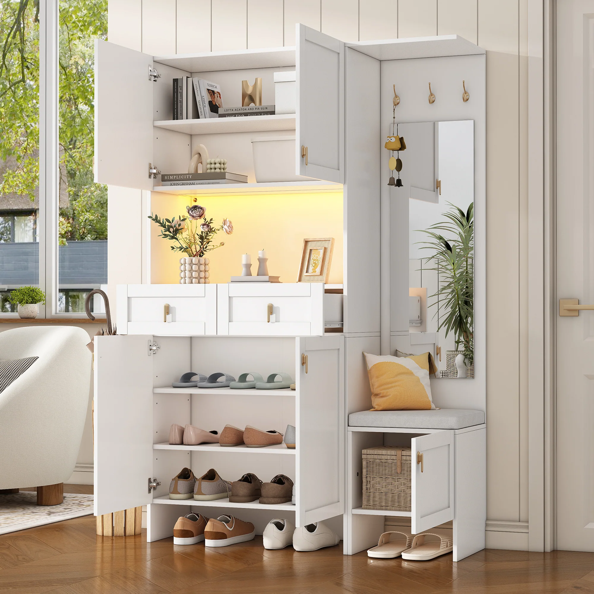 Wardrobe Set Shoe Bench Shoe Cabinet Mirror Storage - White