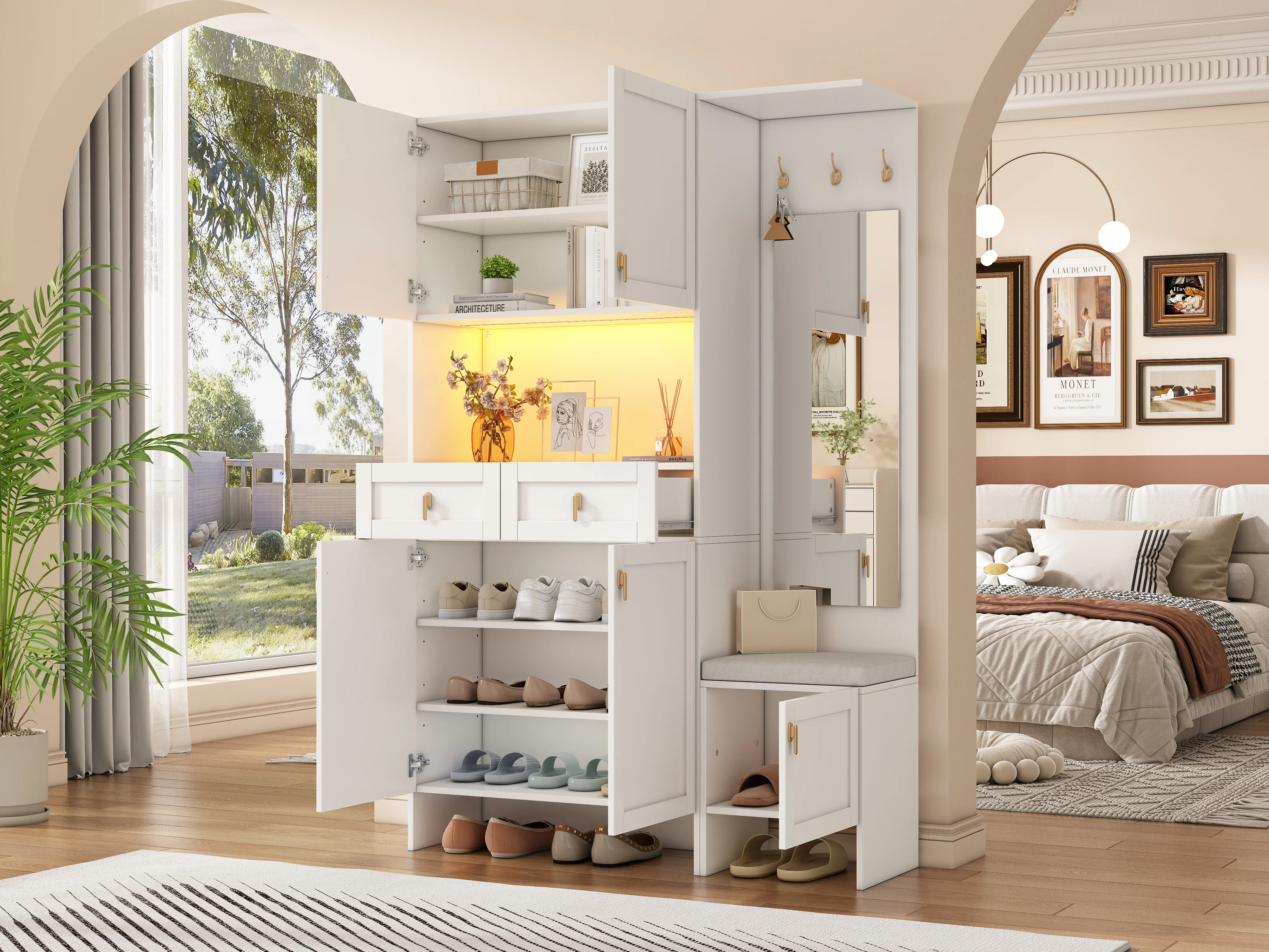 Wardrobe Set Shoe Bench Shoe Cabinet Mirror Storage - White - Image 10