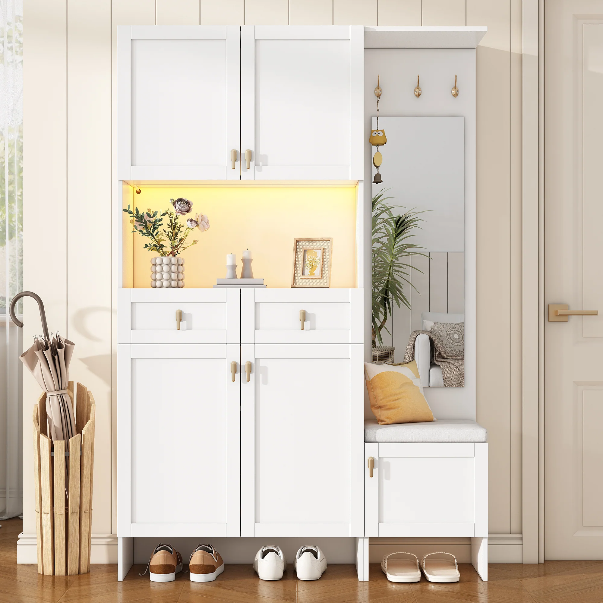 Wardrobe Set Shoe Bench Shoe Cabinet Mirror Storage - White - Image 2