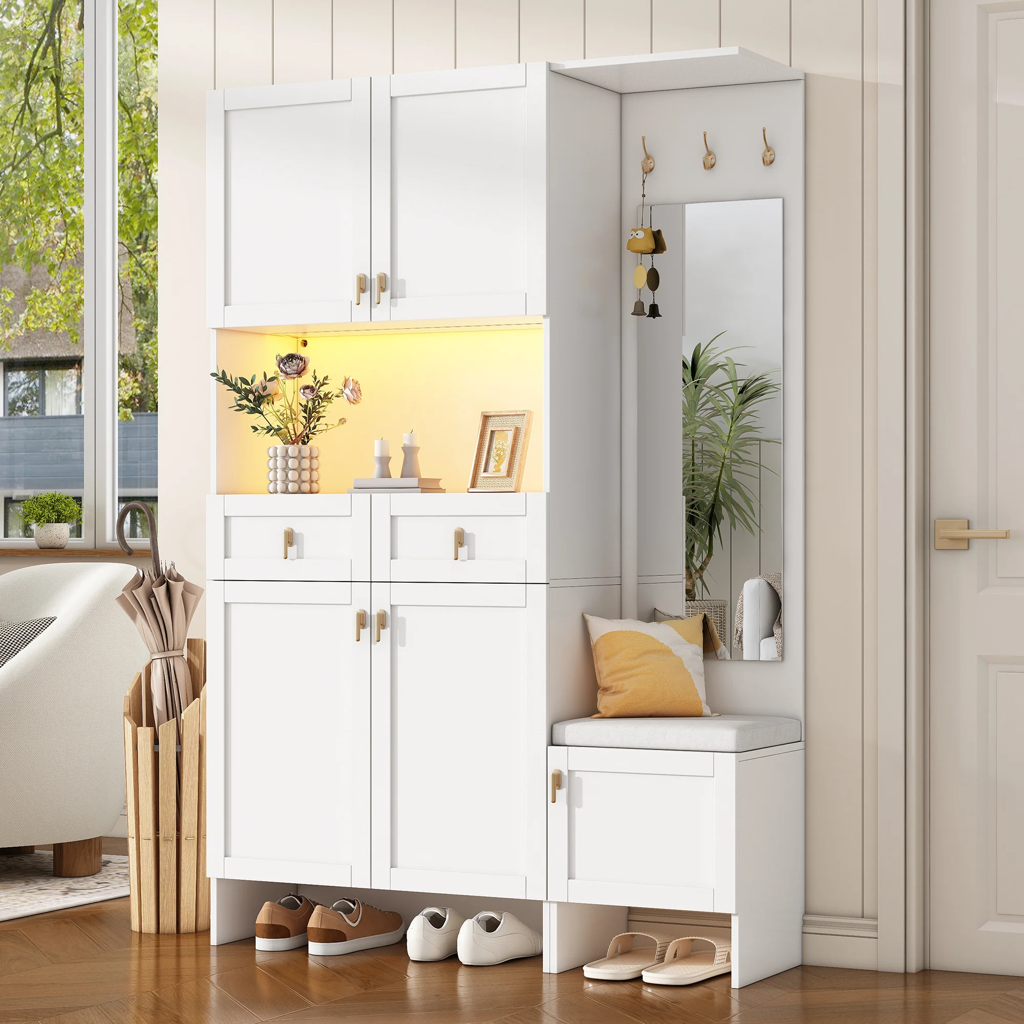 Wardrobe Set Shoe Bench Shoe Cabinet Mirror Storage - White - Image 3