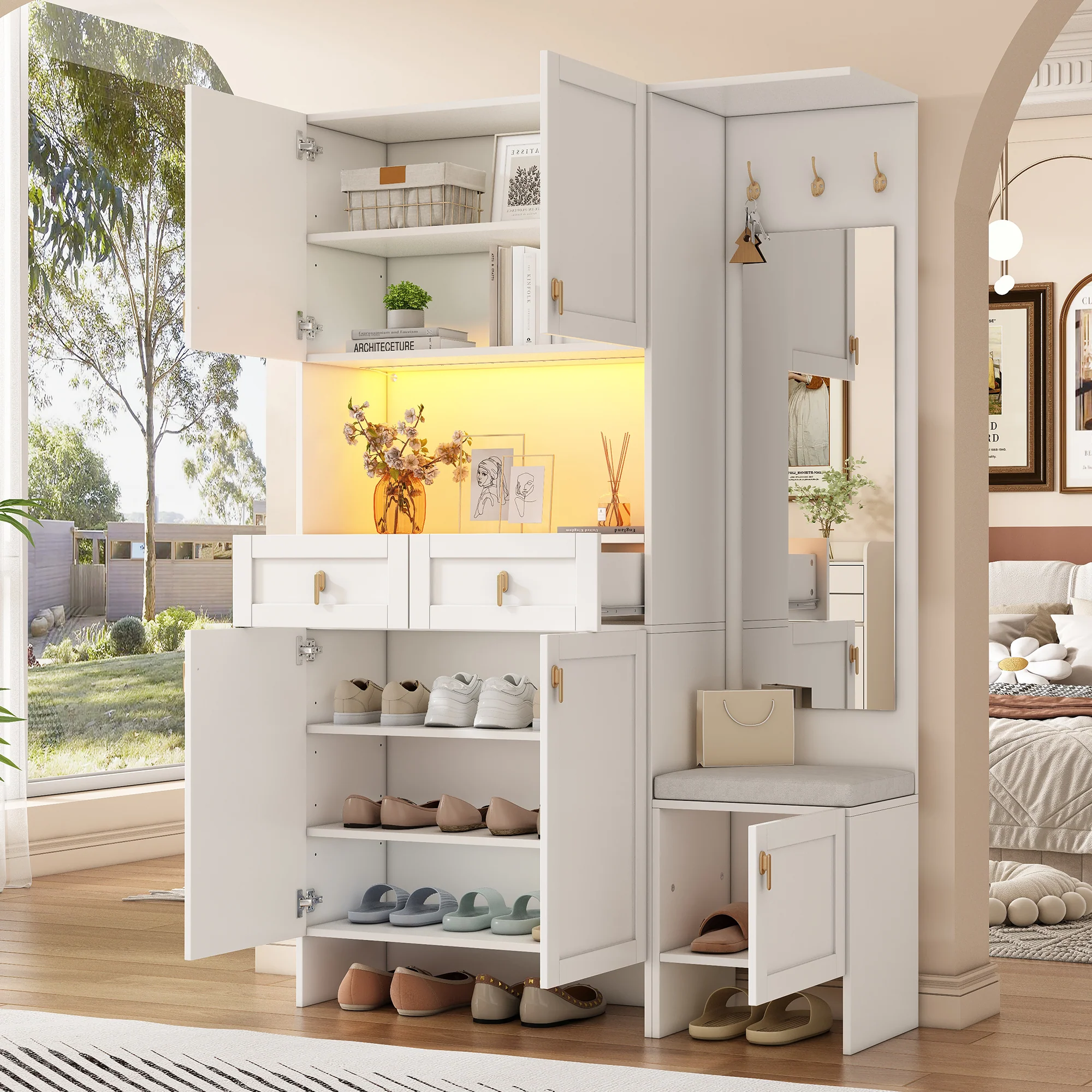 Wardrobe Set Shoe Bench Shoe Cabinet Mirror Storage - White - Image 4