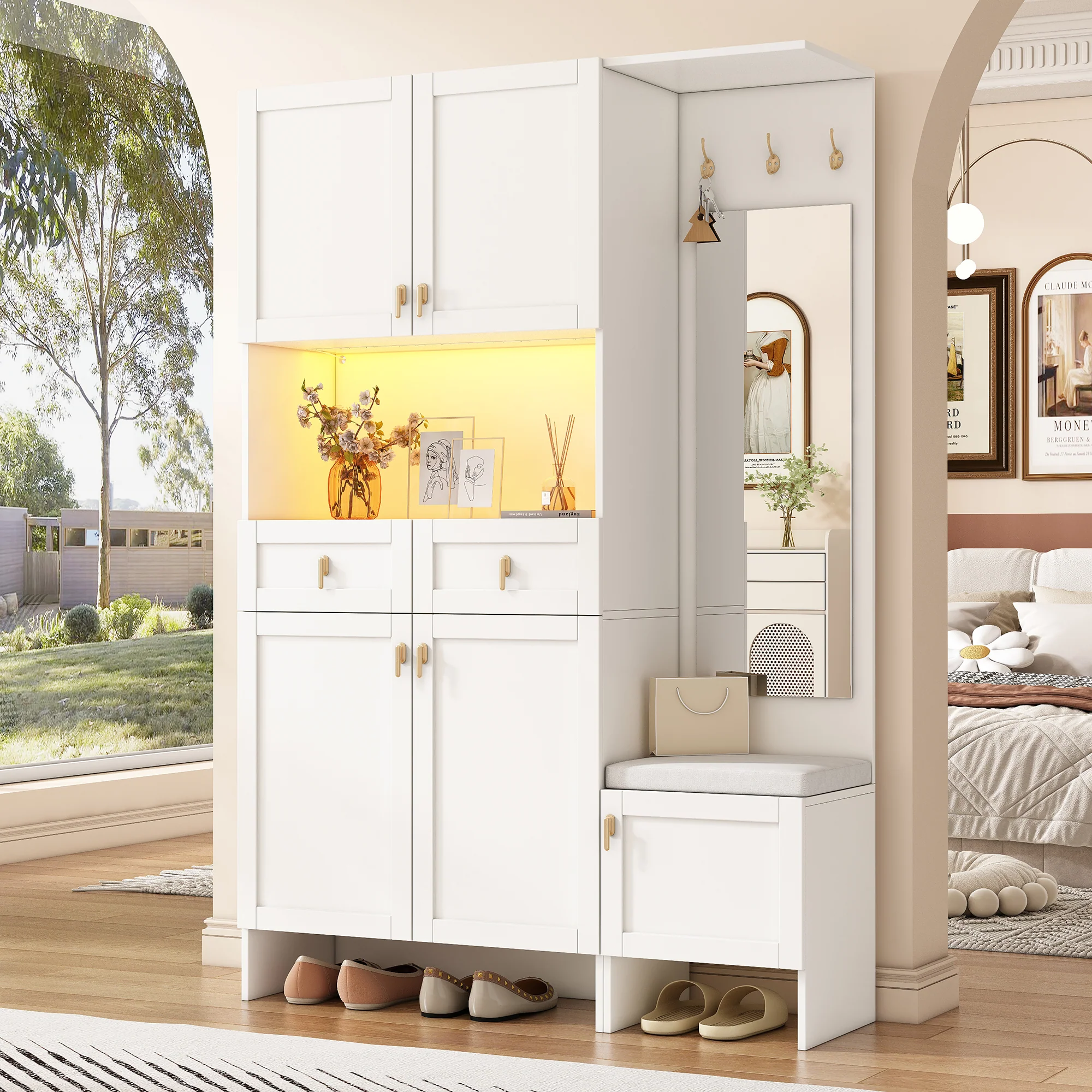 Wardrobe Set Shoe Bench Shoe Cabinet Mirror Storage - White - Image 6