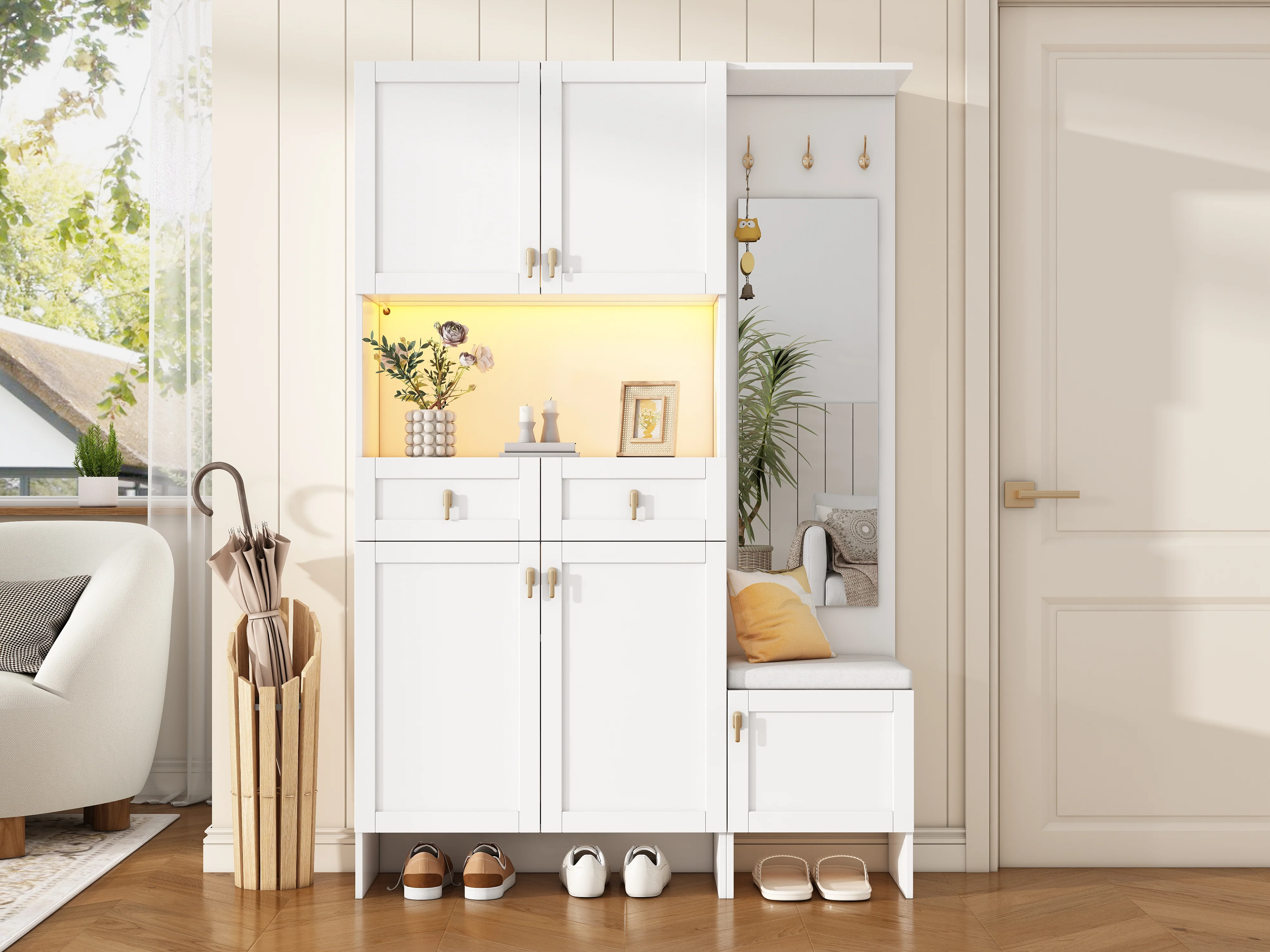 Wardrobe Set Shoe Bench Shoe Cabinet Mirror Storage - White - Image 7