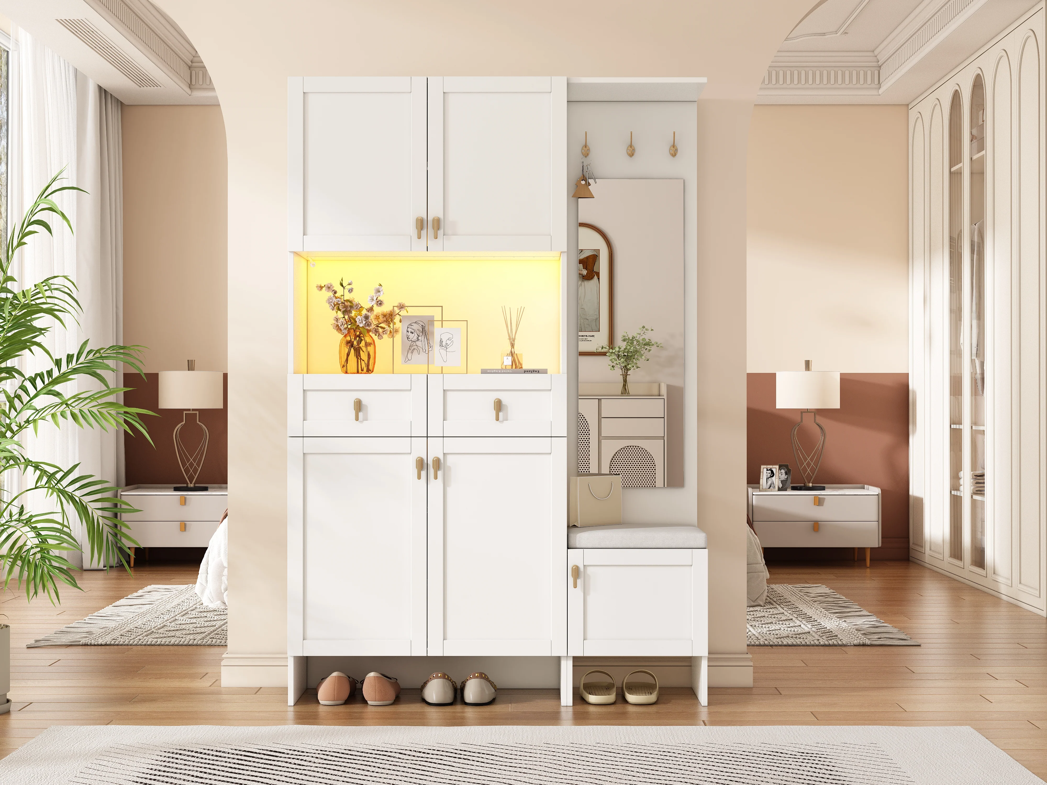 Wardrobe Set Shoe Bench Shoe Cabinet Mirror Storage - White - Image 9