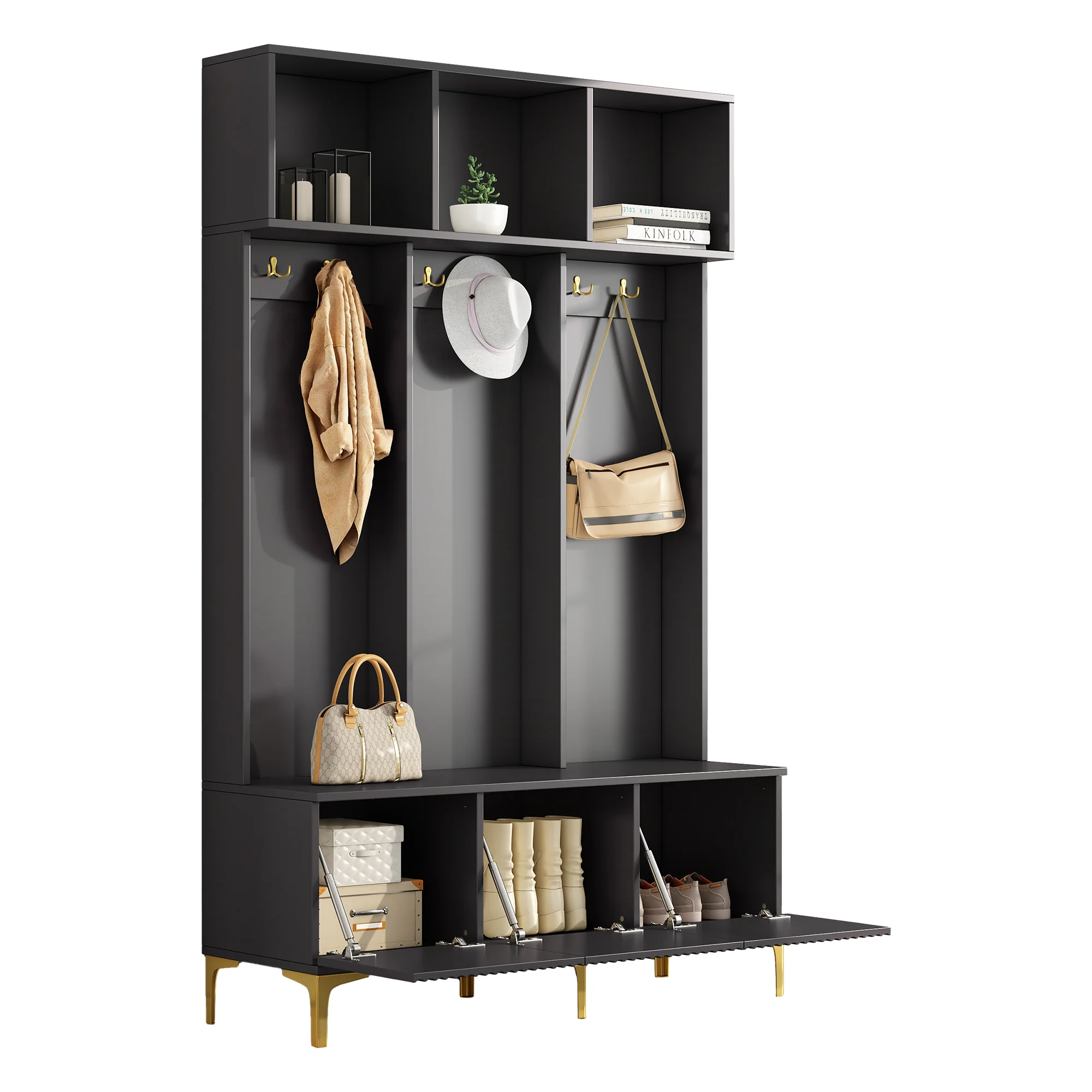Wardrobe Set with Bench, Multifunctional Storage, Open Storage, 6 Golden Hooks, Black - Image 10