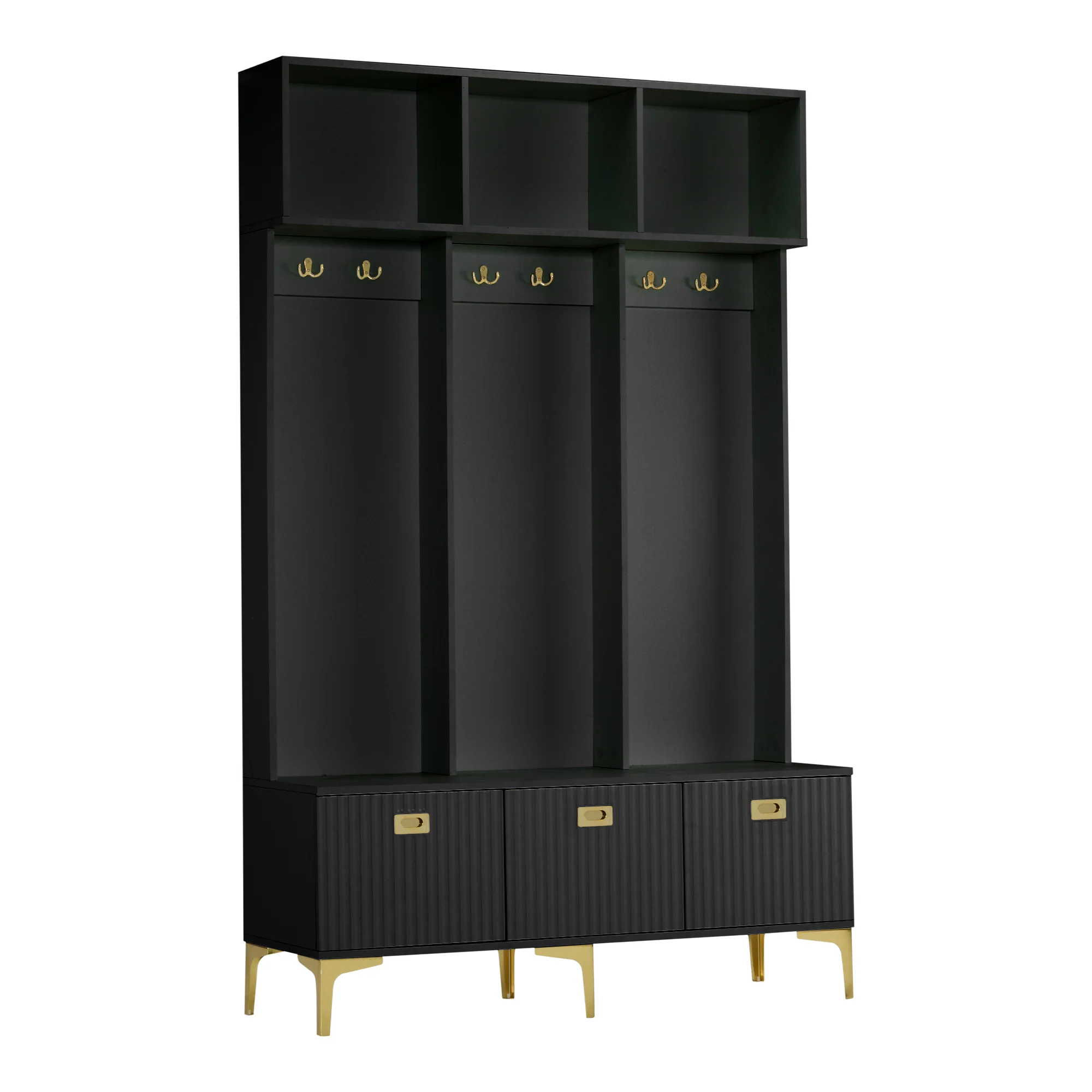 Wardrobe Set with Bench, Multifunctional Storage, Open Storage, 6 Golden Hooks, Black - Image 5