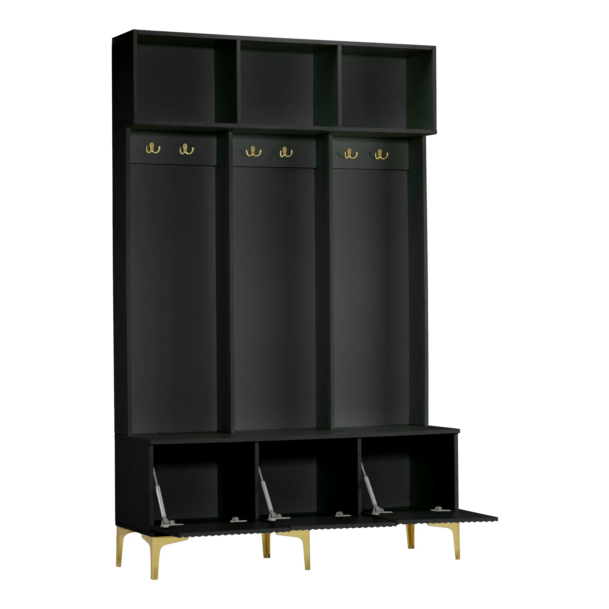 Wardrobe Set with Bench, Multifunctional Storage, Open Storage, 6 Golden Hooks, Black - Image 6