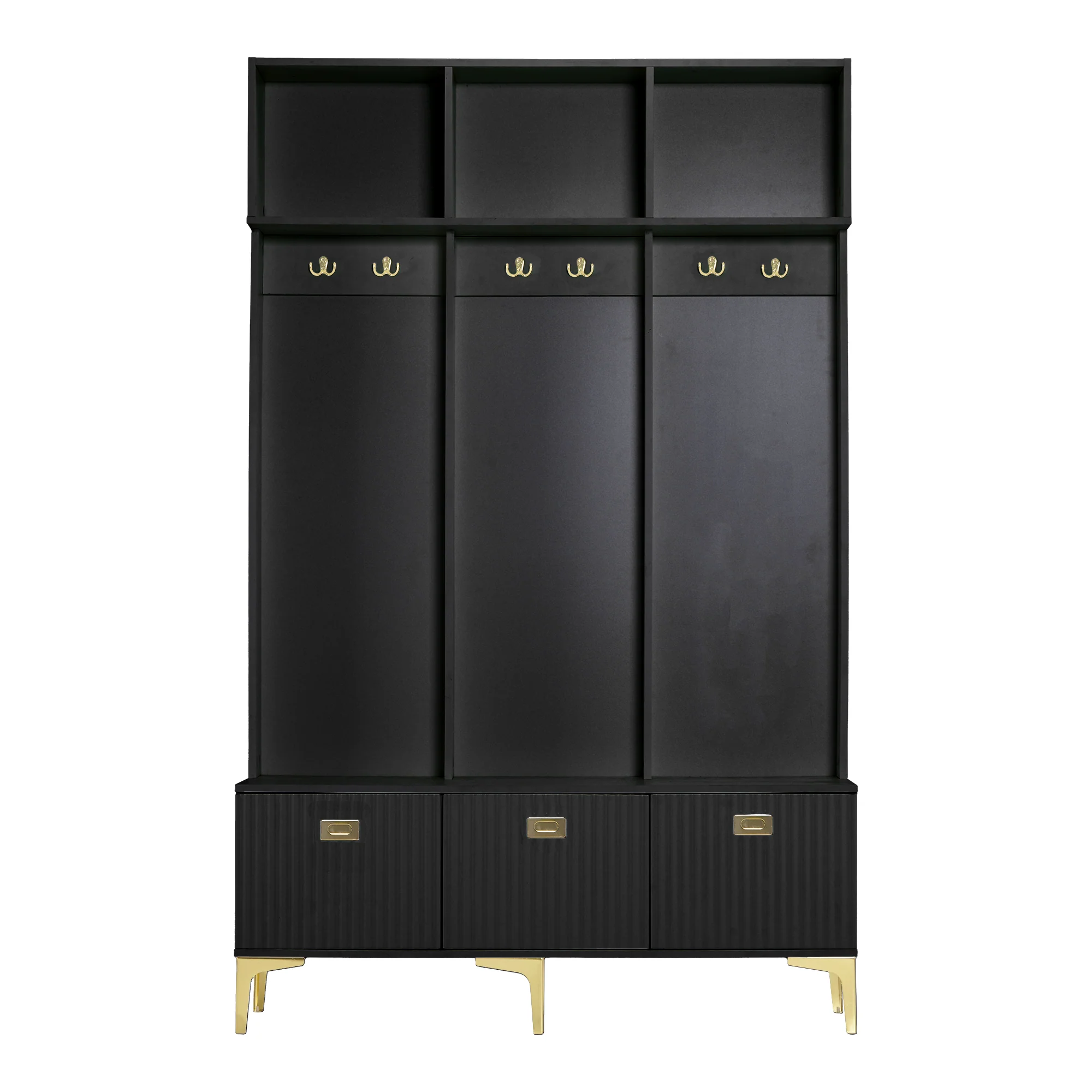 Wardrobe Set with Bench, Multifunctional Storage, Open Storage, 6 Golden Hooks, Black - Image 7
