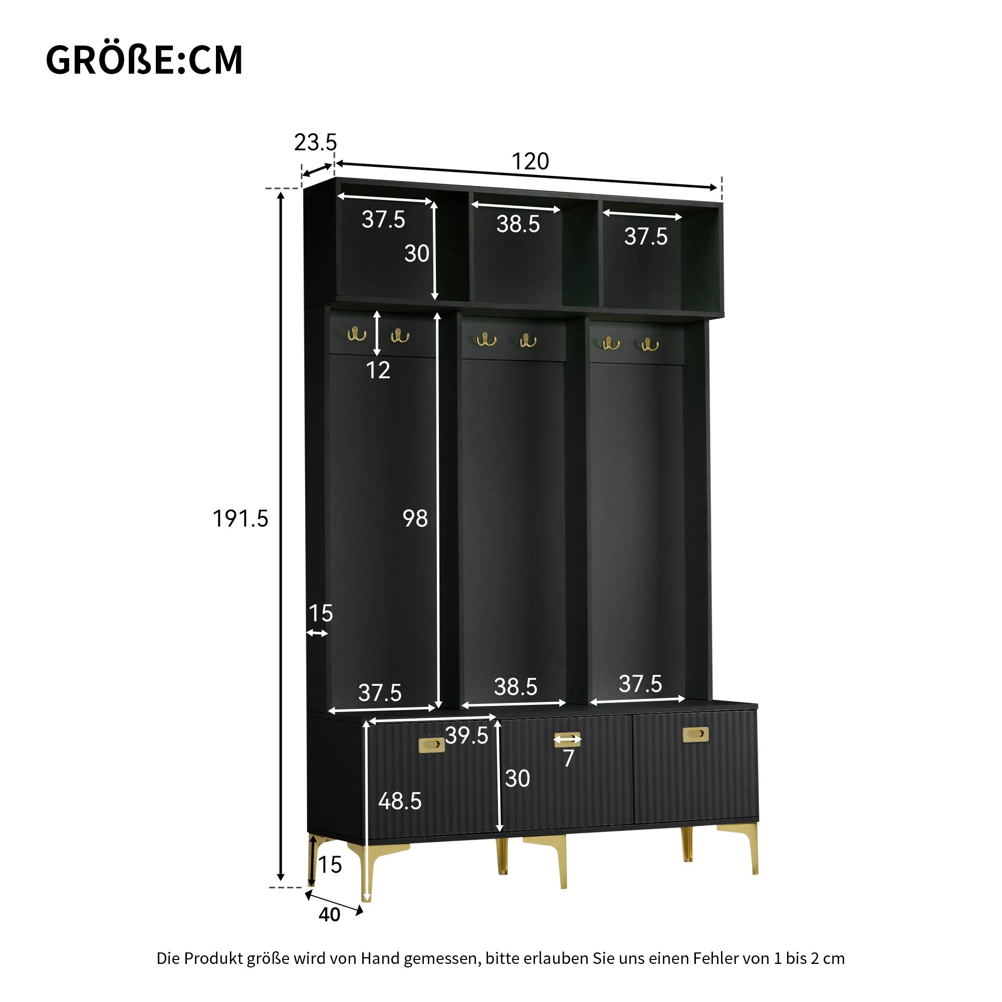 Wardrobe Set with Bench, Multifunctional Storage, Open Storage, 6 Golden Hooks, Black - Image 8