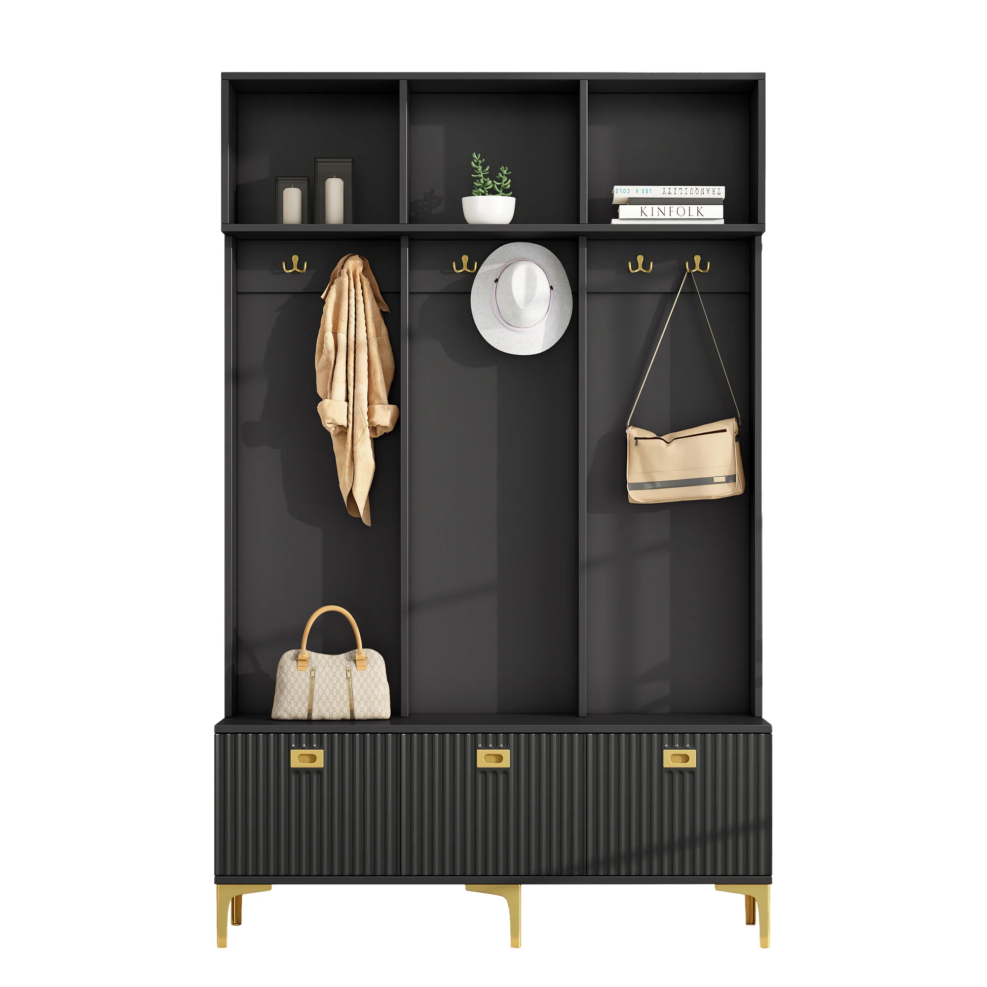 Wardrobe Set with Bench, Multifunctional Storage, Open Storage, 6 Golden Hooks, Black - Image 9