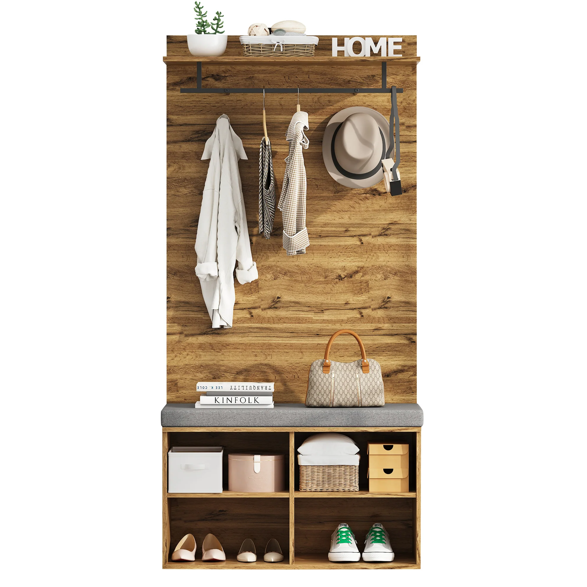 Wardrobe Set with Shoe Bench, Adjustable Shelf & Clothes Rail, 175cm High, Wood Look - Image 10