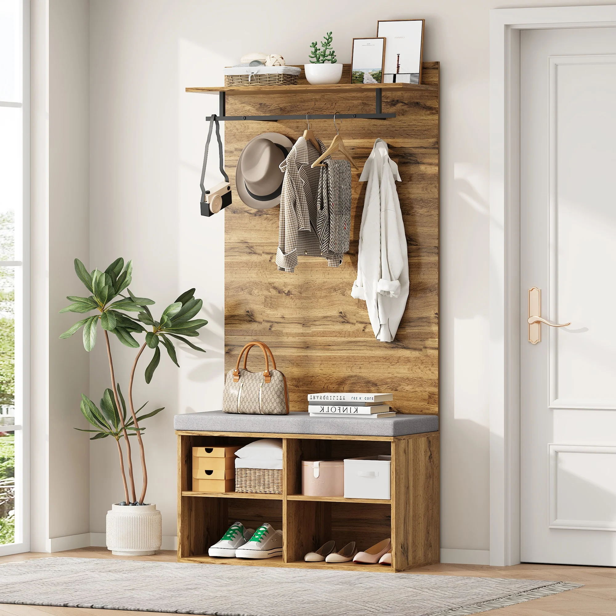 Wardrobe Set with Shoe Bench, Adjustable Shelf & Clothes Rail, 175cm High, Wood Look - Image 6