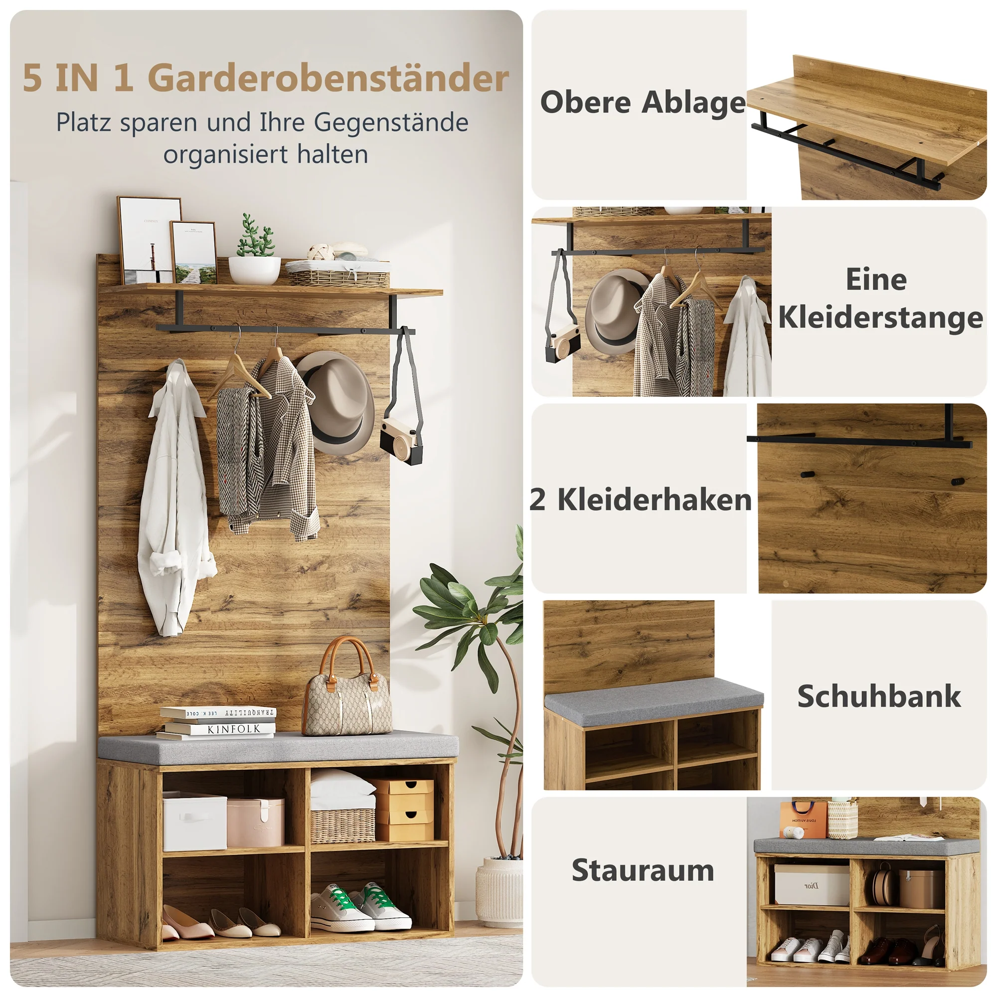 Wardrobe Set with Shoe Bench, Adjustable Shelf & Clothes Rail, 175cm High, Wood Look - Image 7