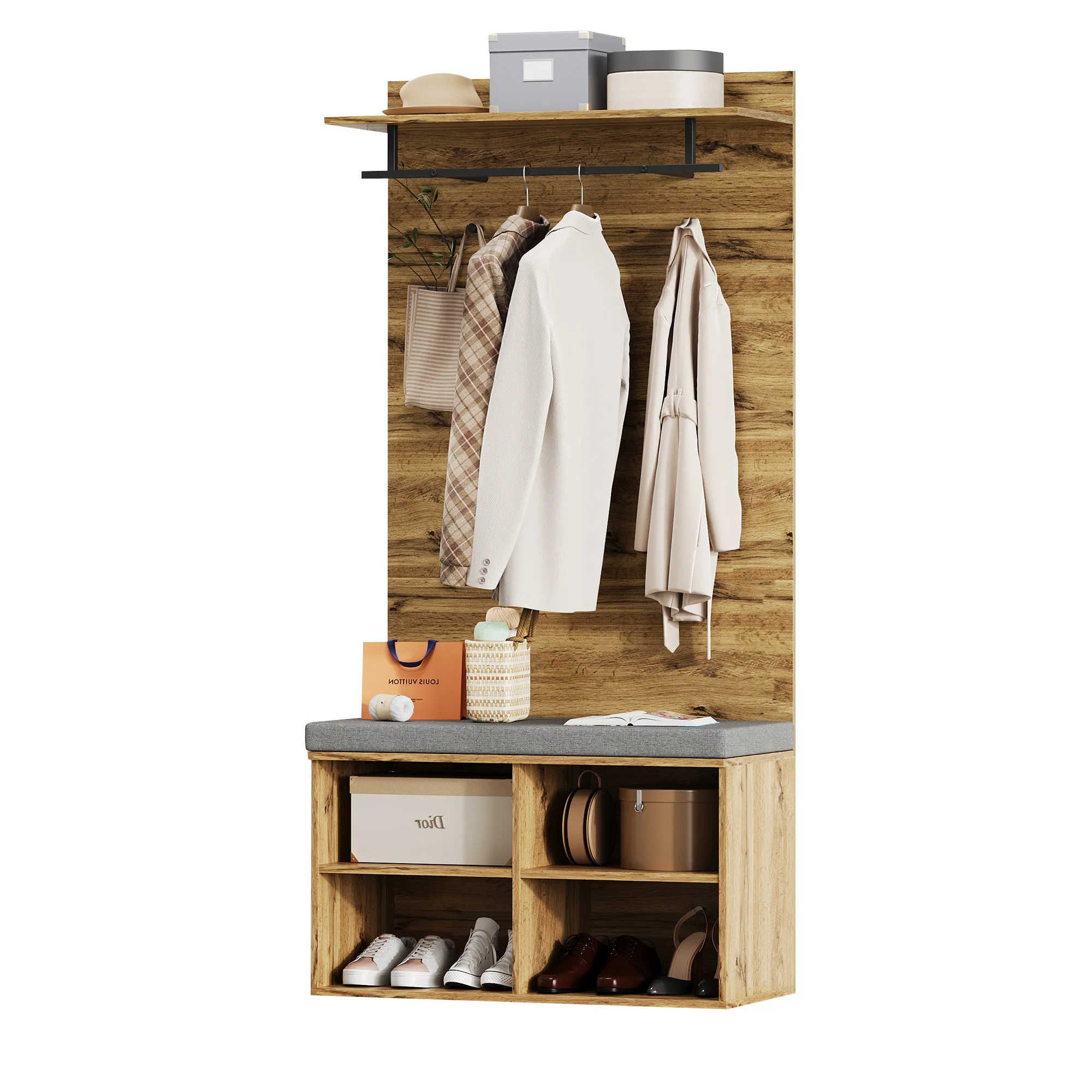 Wardrobe Set with Shoe Bench, Adjustable Shelf & Clothes Rail, 175cm High, Wood Look - Image 9