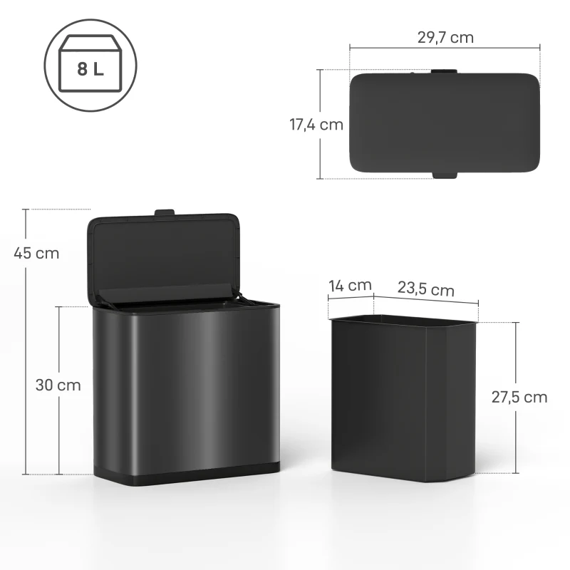 Waste Bin 8L Freestanding Wall-Mounted - Stainless Steel Black - Image 3