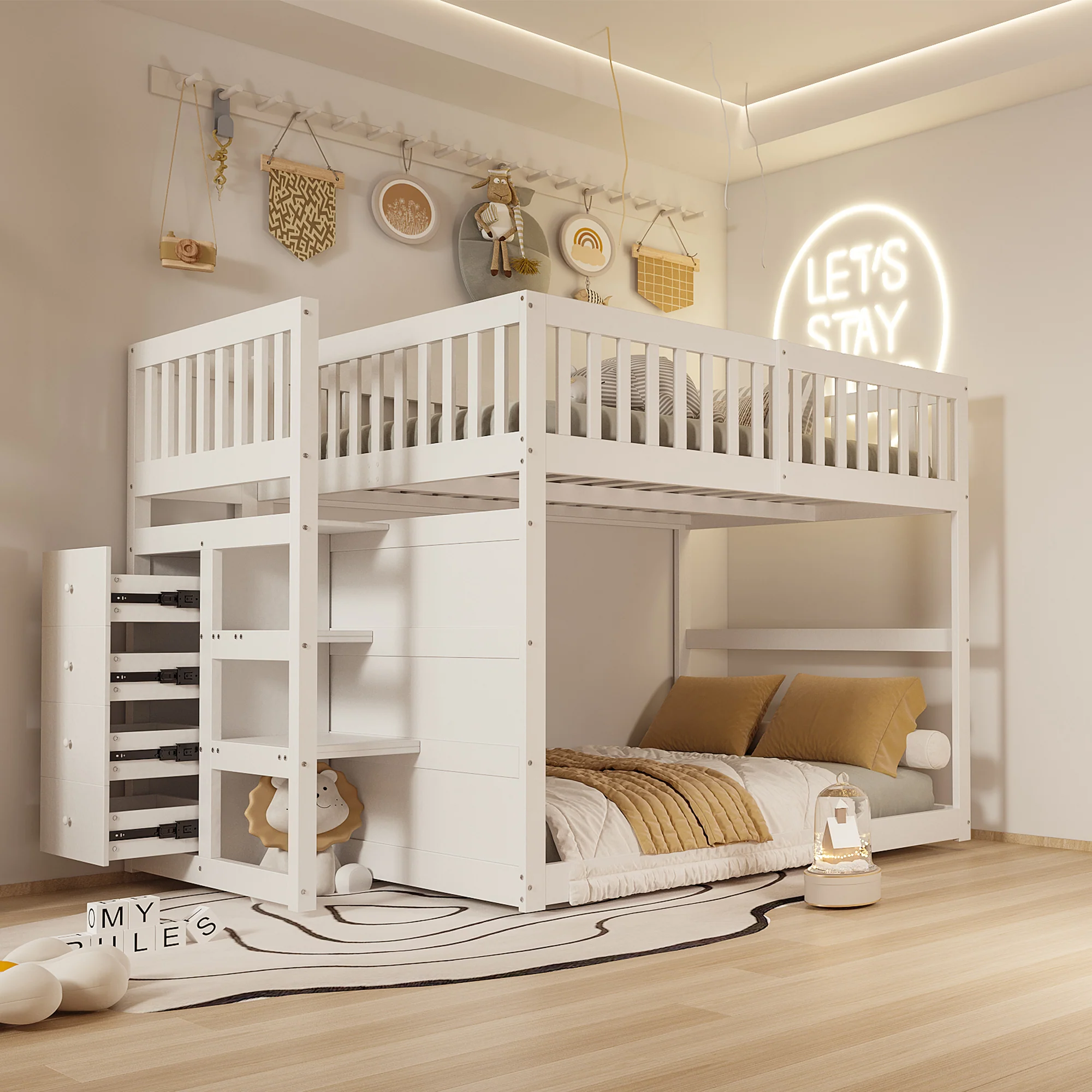 Wooden Bunk Bed with Ladder, Storage Drawers & Space-Saving Design, White - Image 4