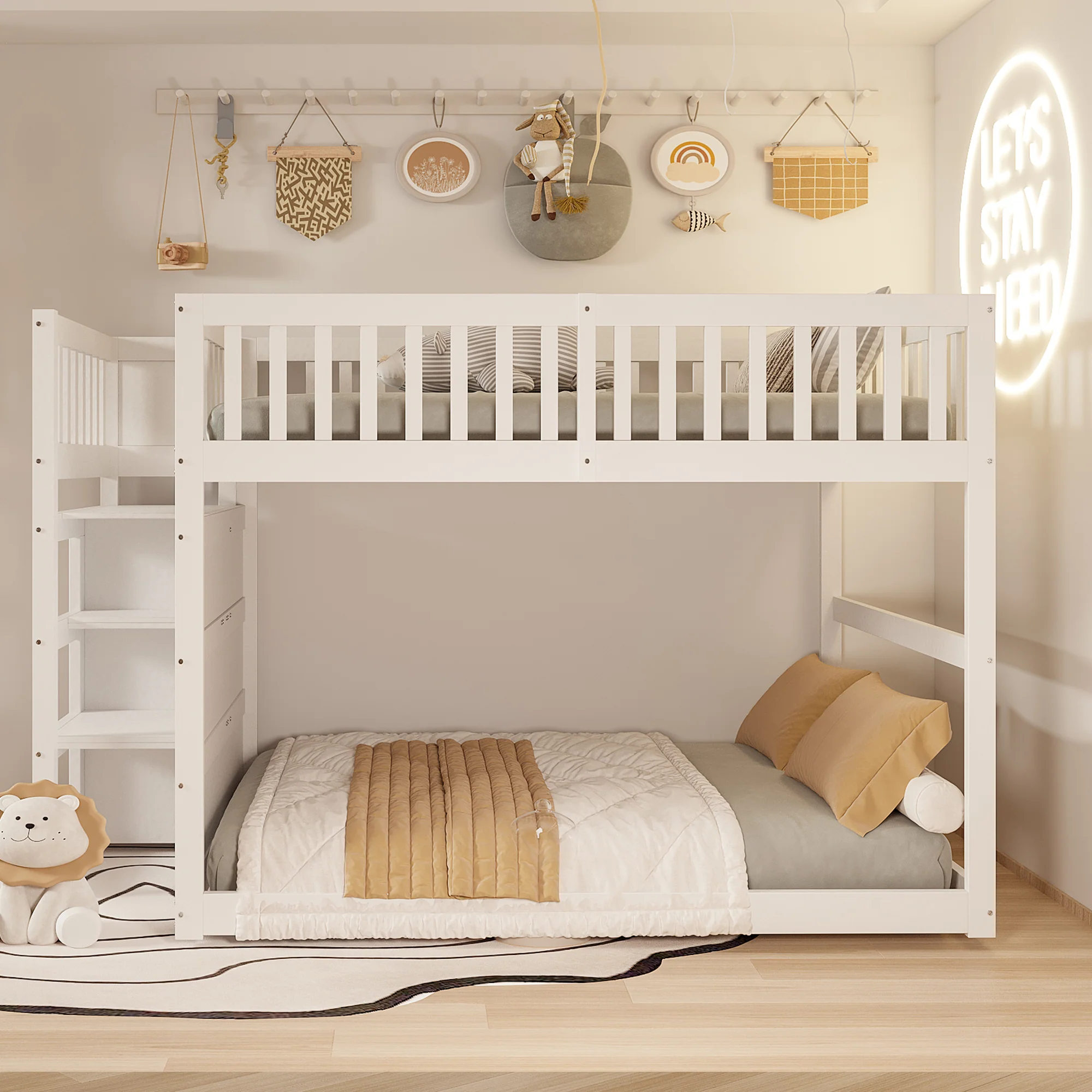 Wooden Bunk Bed with Ladder, Storage Drawers & Space-Saving Design, White - Image 5