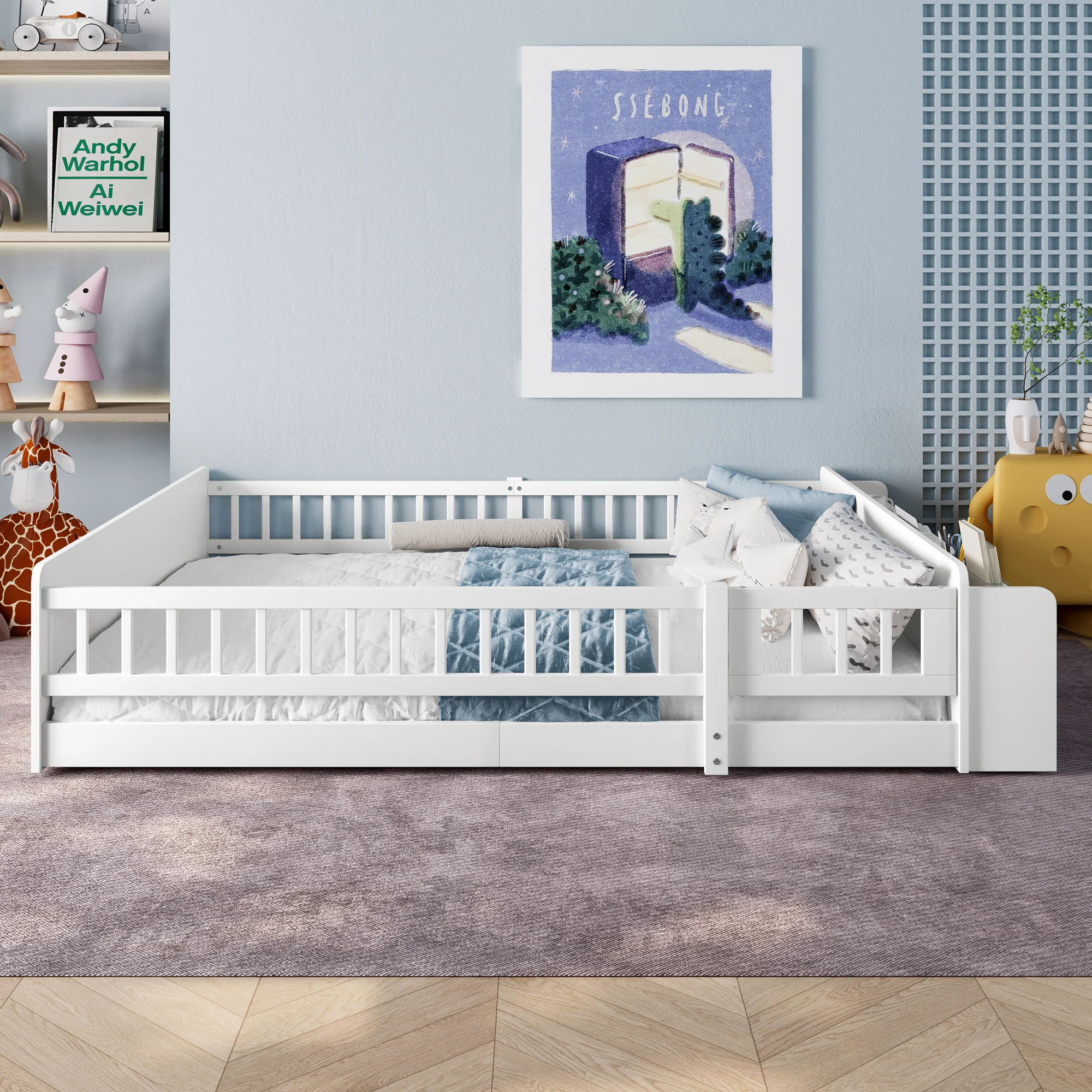 Wooden Children's Bed 140x200cm Open Storage Shelves Pine Wood - White - Image 5