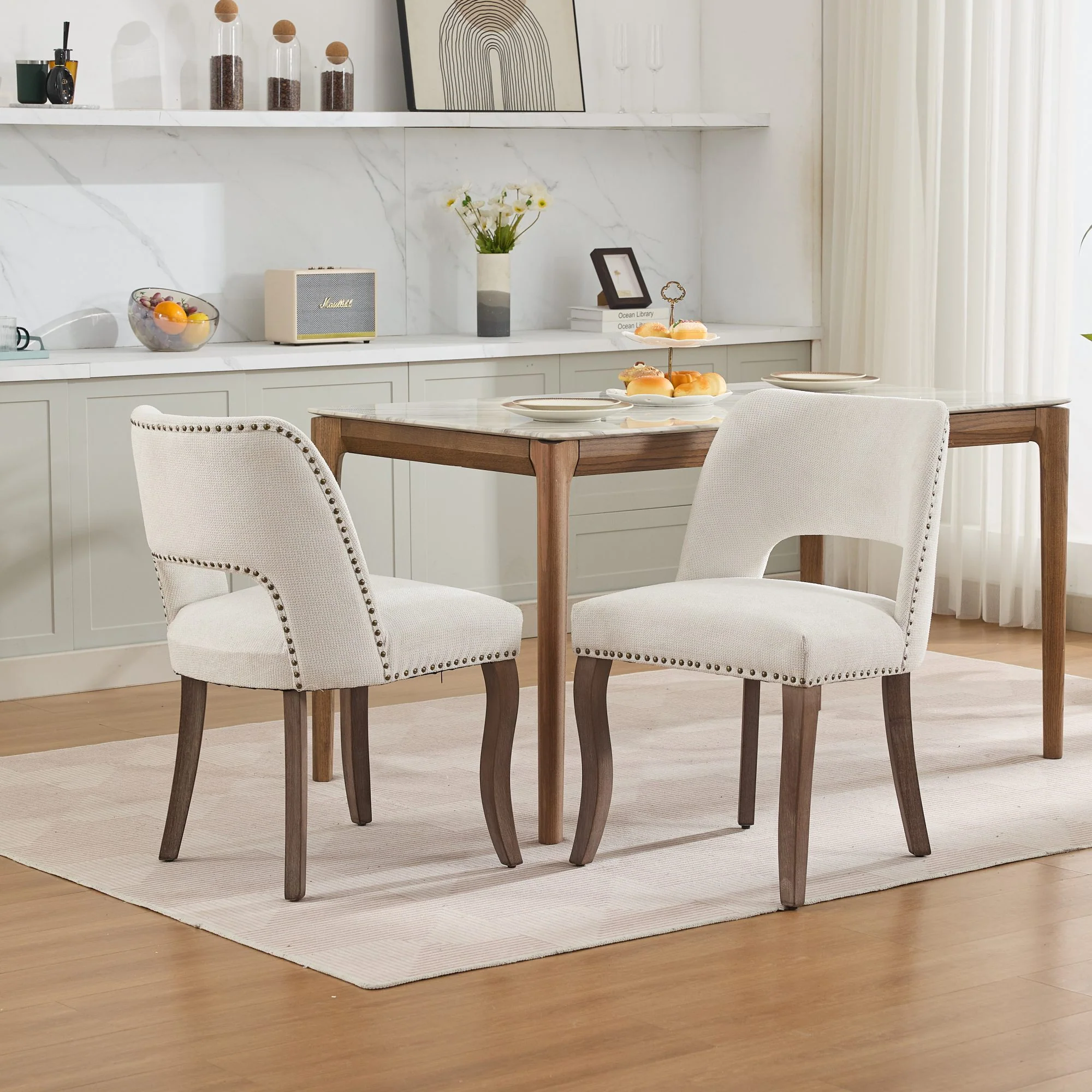 Wooden Dining Chairs Set of 2 Modern Fabric Upholstered Farmhouse - Beige