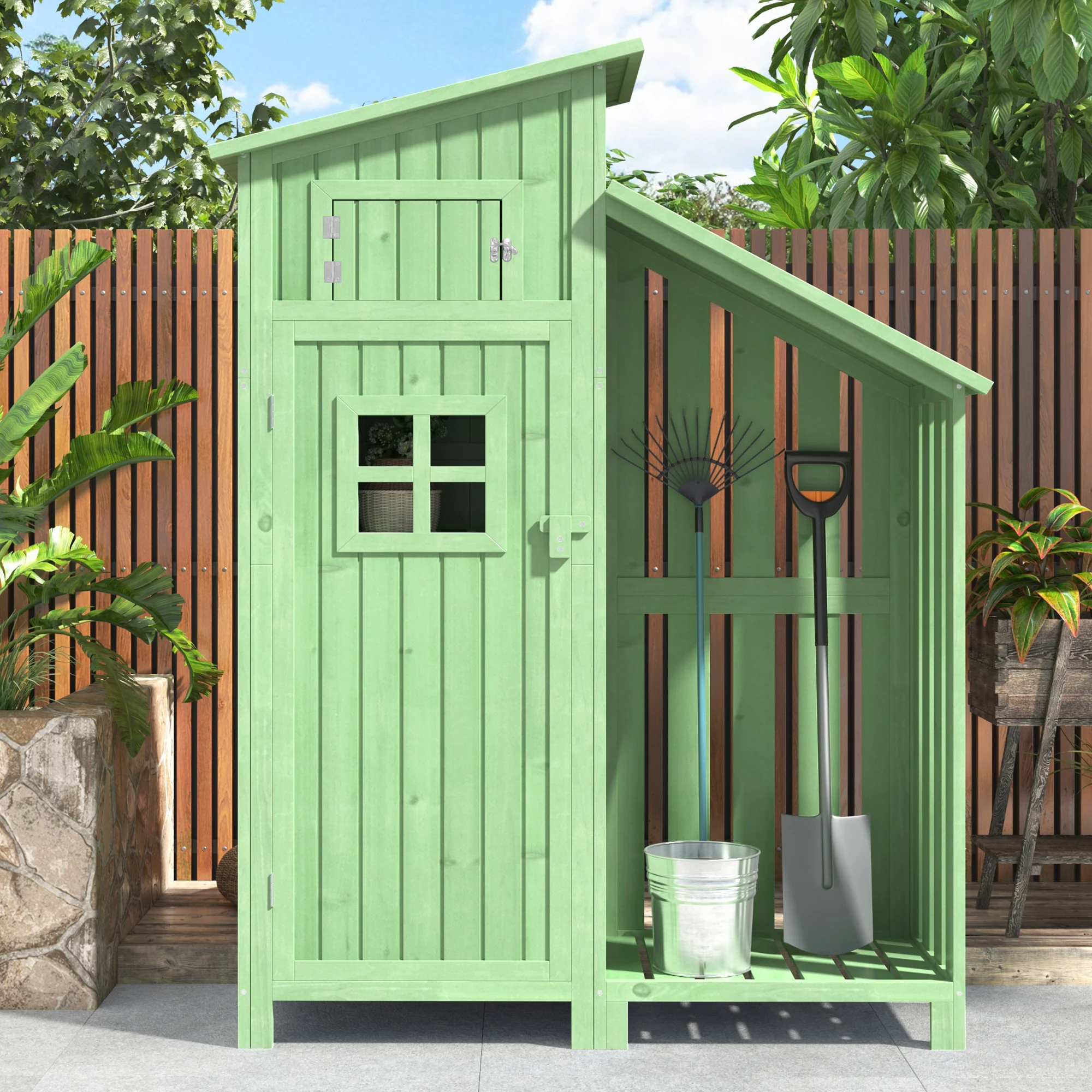 Wooden Garden Shed Tool Storage Cabinet for Small Gardens 124x46x174 cm Green - Image 2
