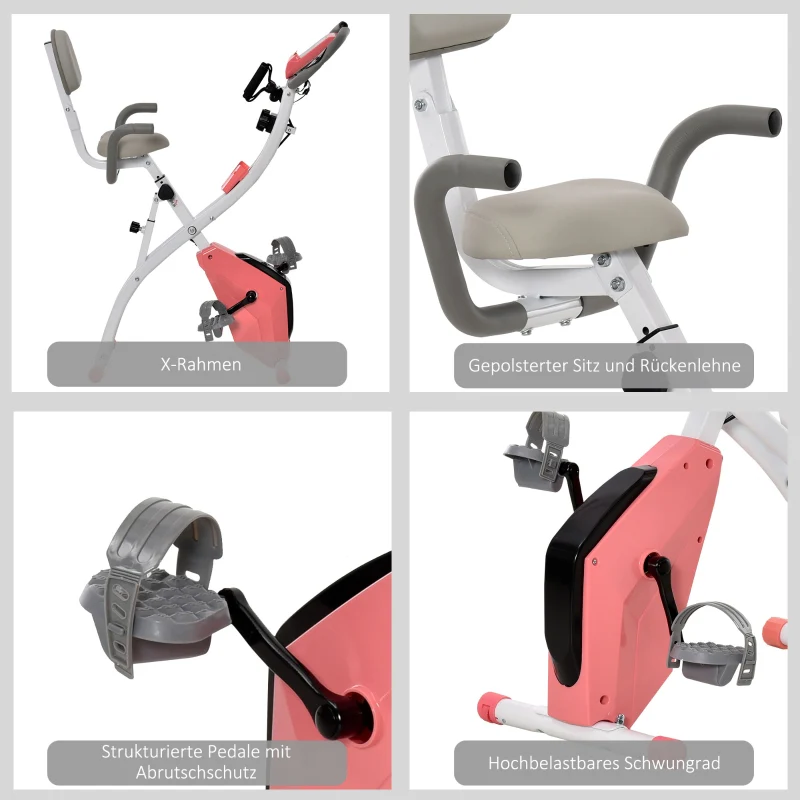 X-Bike 2-in-1 Exercise Bike Foldable 8-Level Magnetic Resistance LCD Monitor Tension Cables Pink - Image 5